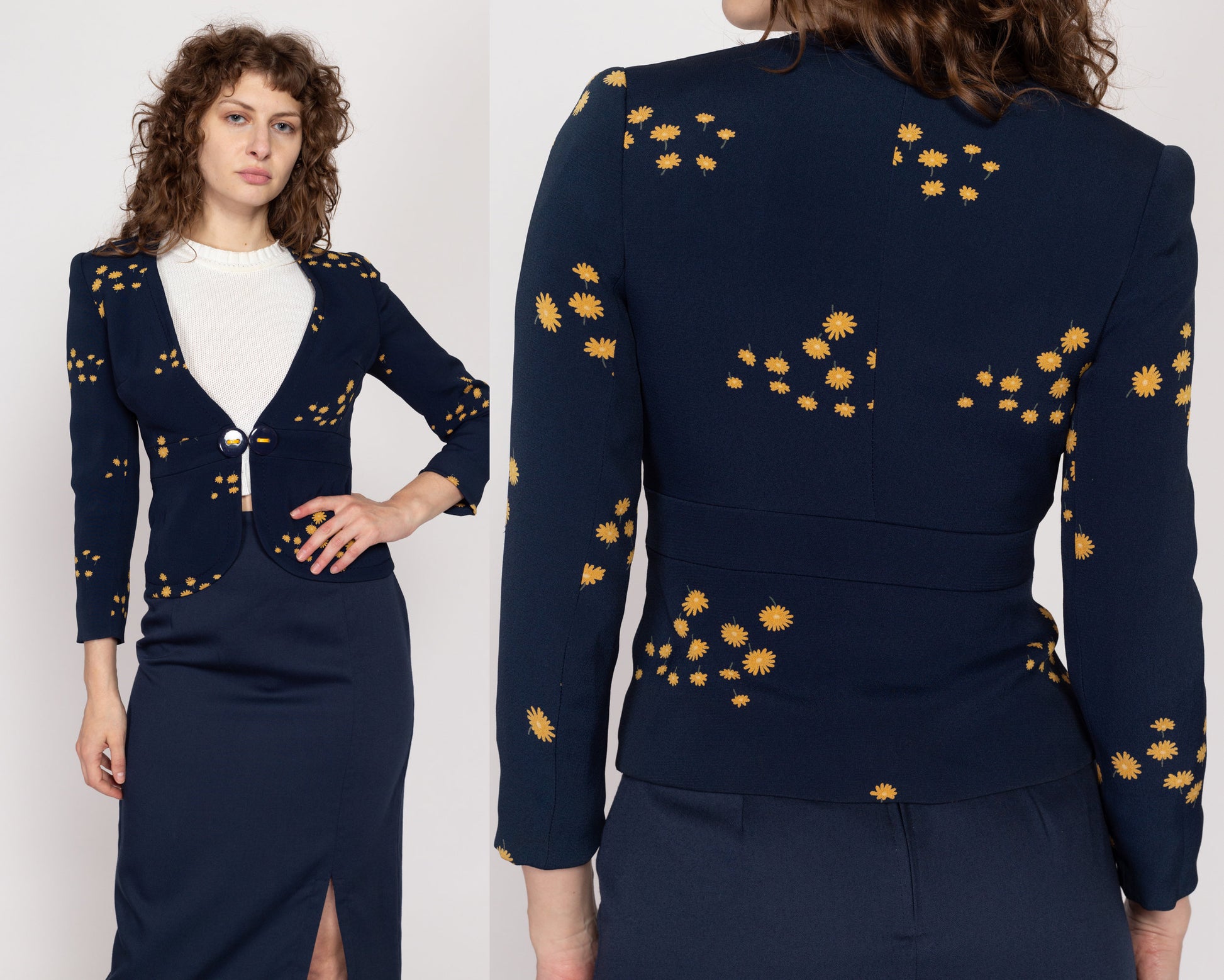 XS 70s Navy Blue Floral Blazer | Vintage Deep V Neck Long Sleeve Fitted Jacket Top