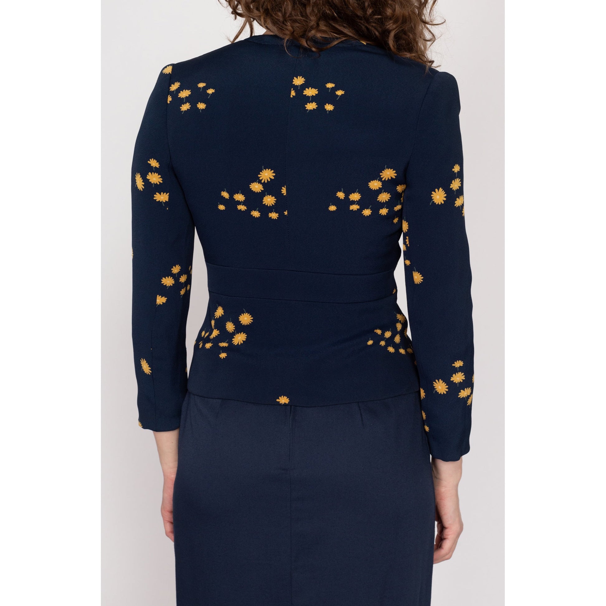 XS 70s Navy Blue Floral Blazer | Vintage Deep V Neck Long Sleeve Fitted Jacket Top