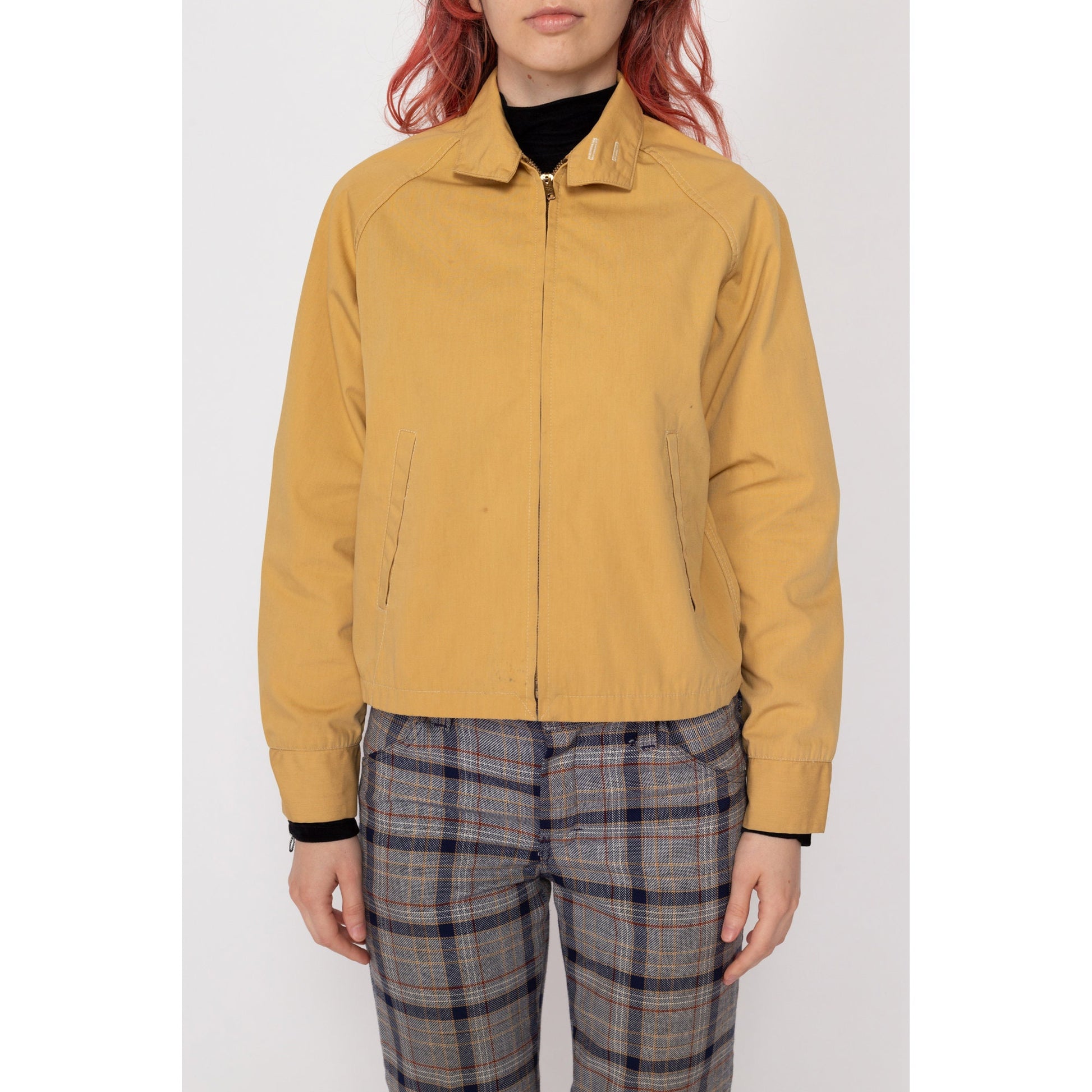 XS 70s Mustard Yellow Gabardine Jacket | Vintage Zip Up Collared Lightweight Sportswear Jacket