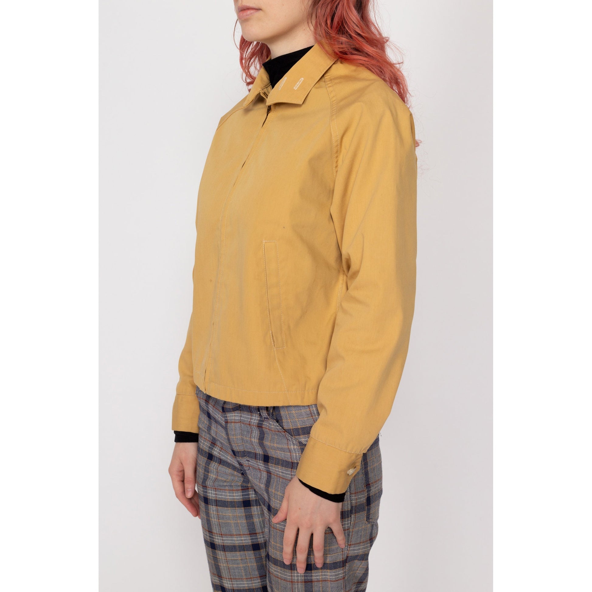 XS 70s Mustard Yellow Gabardine Jacket | Vintage Zip Up Collared Lightweight Sportswear Jacket