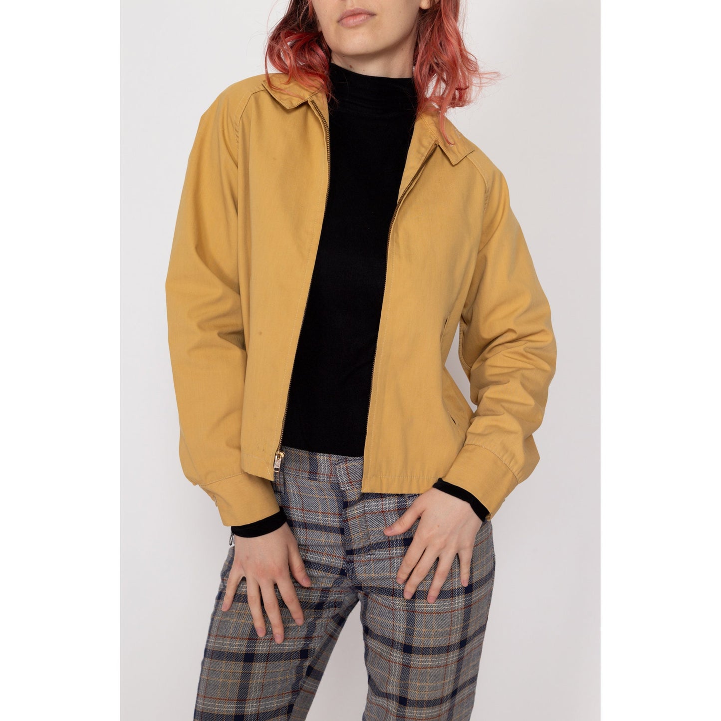 XS 70s Mustard Yellow Gabardine Jacket | Vintage Zip Up Collared Lightweight Sportswear Jacket