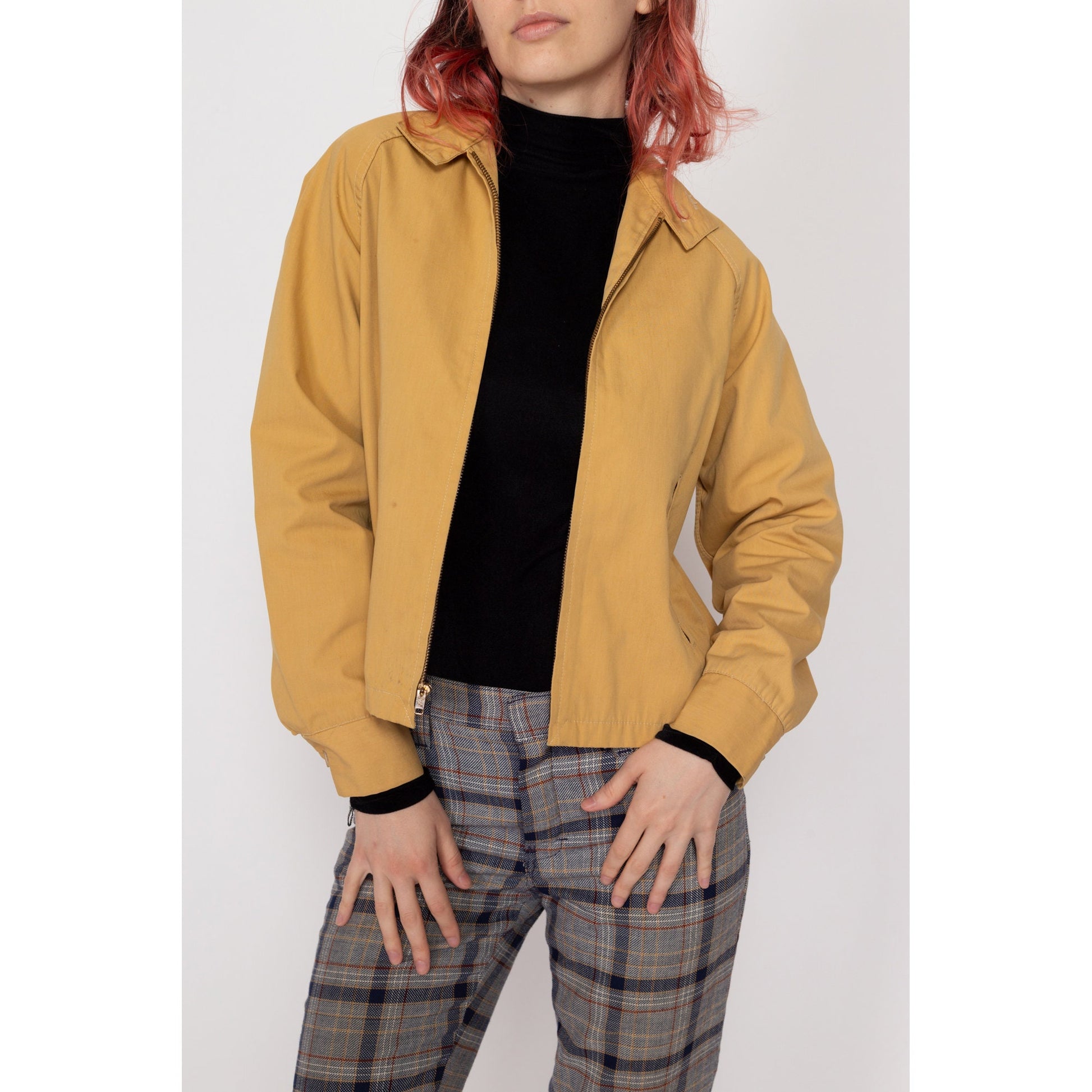 XS 70s Mustard Yellow Gabardine Jacket | Vintage Zip Up Collared Lightweight Sportswear Jacket