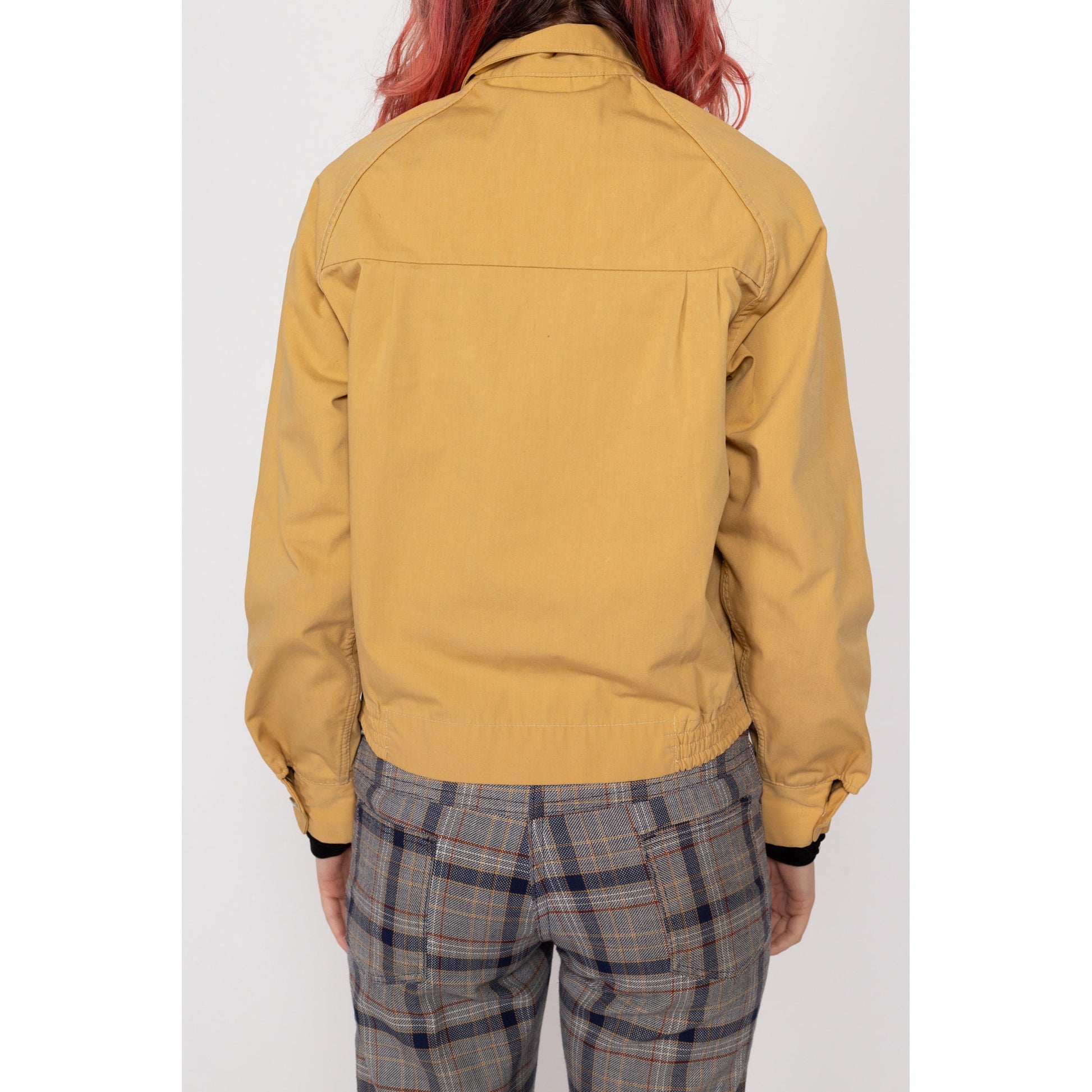 XS 70s Mustard Yellow Gabardine Jacket | Vintage Zip Up Collared Lightweight Sportswear Jacket