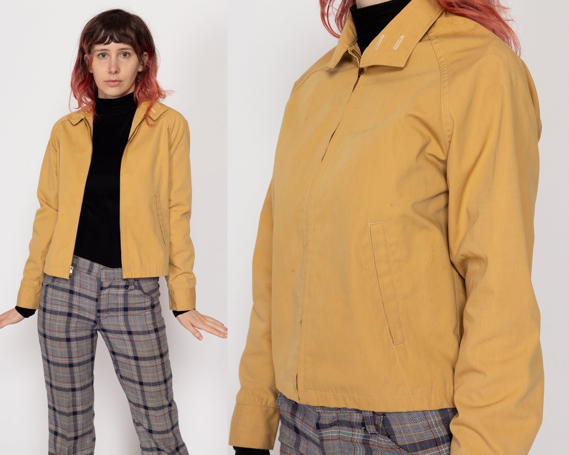 XS 70s Mustard Yellow Gabardine Jacket | Vintage Zip Up Collared Lightweight Sportswear Jacket