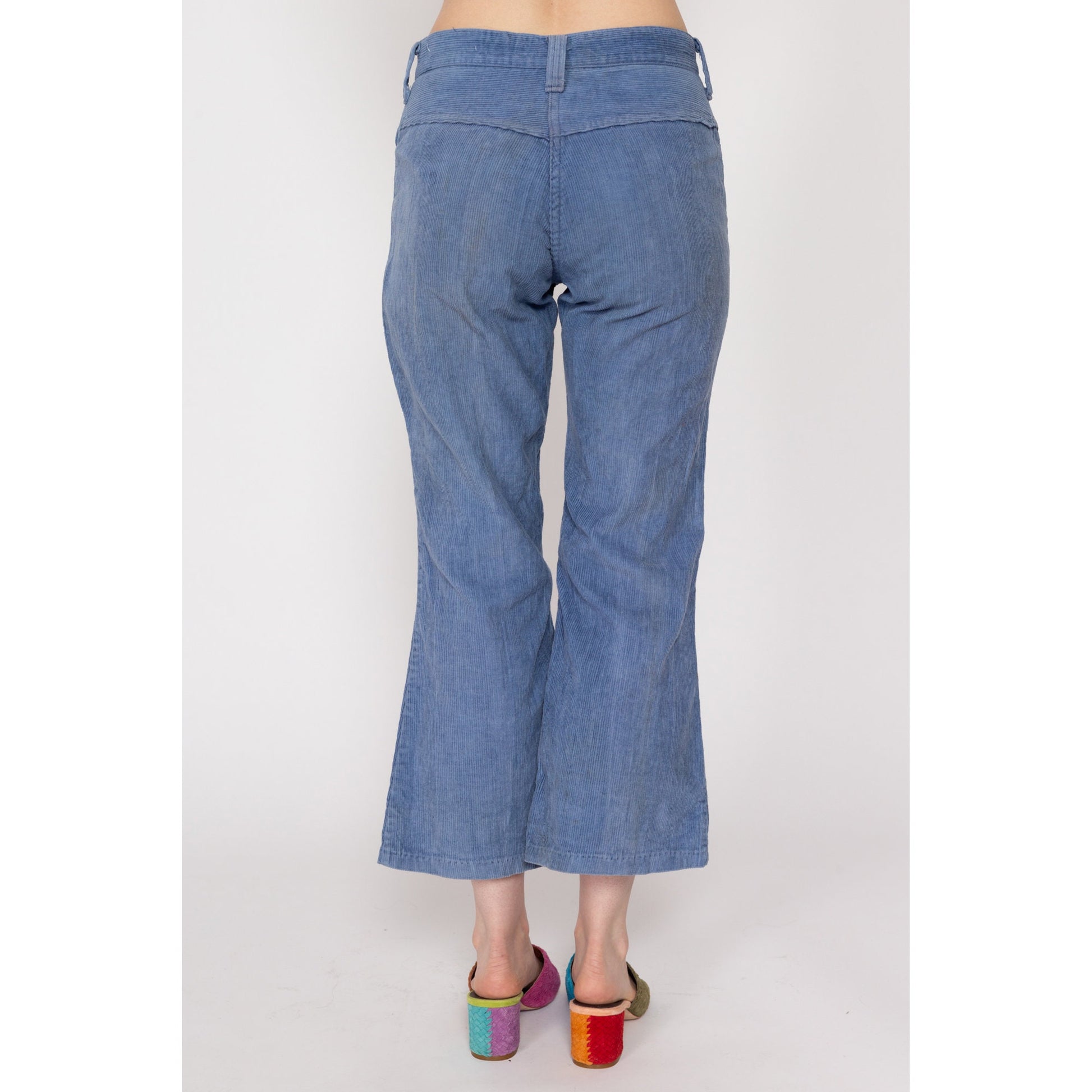 Petite XS 70s Blue Corduroy Kick Flare Pants | Retro Mid Rise Flared Trousers