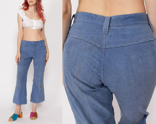 Petite XS 70s Blue Corduroy Kick Flare Pants | Retro Mid Rise Flared Trousers