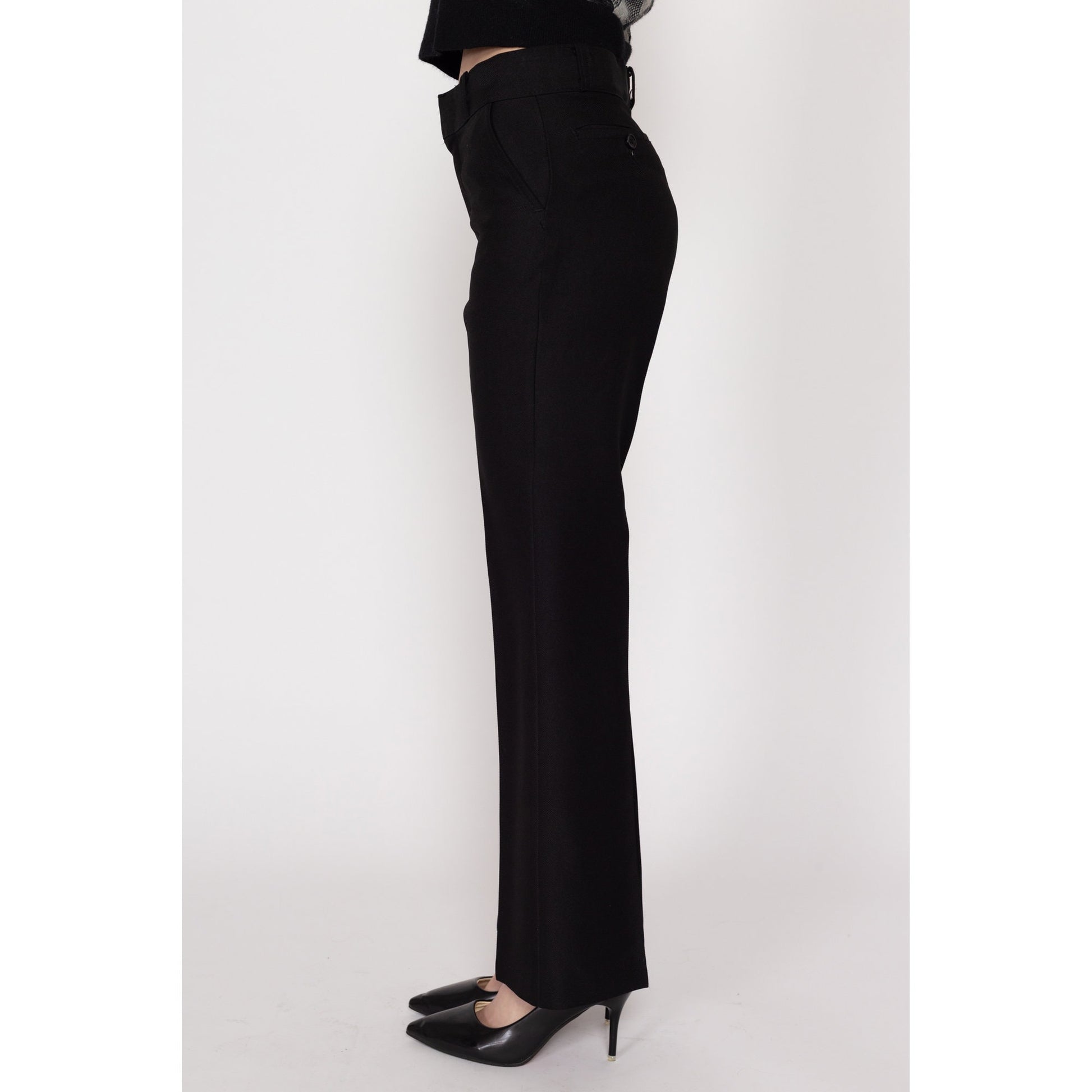 XS 70s Black Bootcut Trousers | Vintage High Waisted Polyester Pants