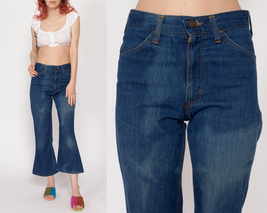 Petite XS 70s Faded Dark Wash Flared Jeans | Vintage Mid Rise Distressed Denim Flares