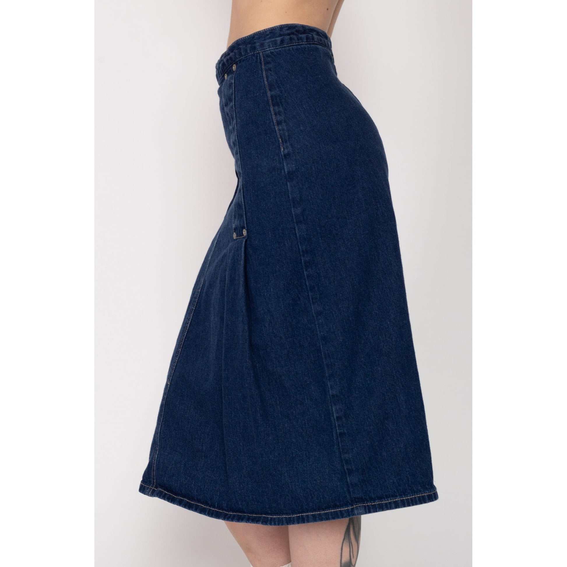 XS 90s Cavaricci Dark Wash Denim Midi Skirt | Vintage Grunge Mid Rise A Line Jean Skirt