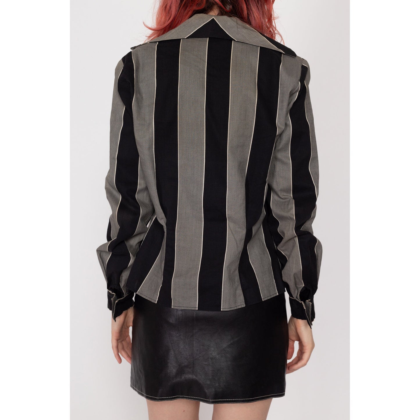 XS 1950s Black & Grey Striped Loop Collar Shirt | Retro Vintage 50s Dorohy Korby Button Up Long Sleeve Top