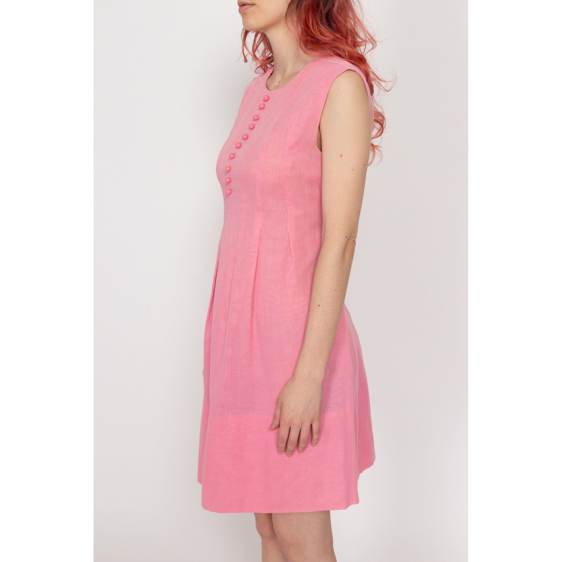 Small 60s Pink Babydoll Mini Dress | Vintage Sleeveless A Line Tie Back Dress