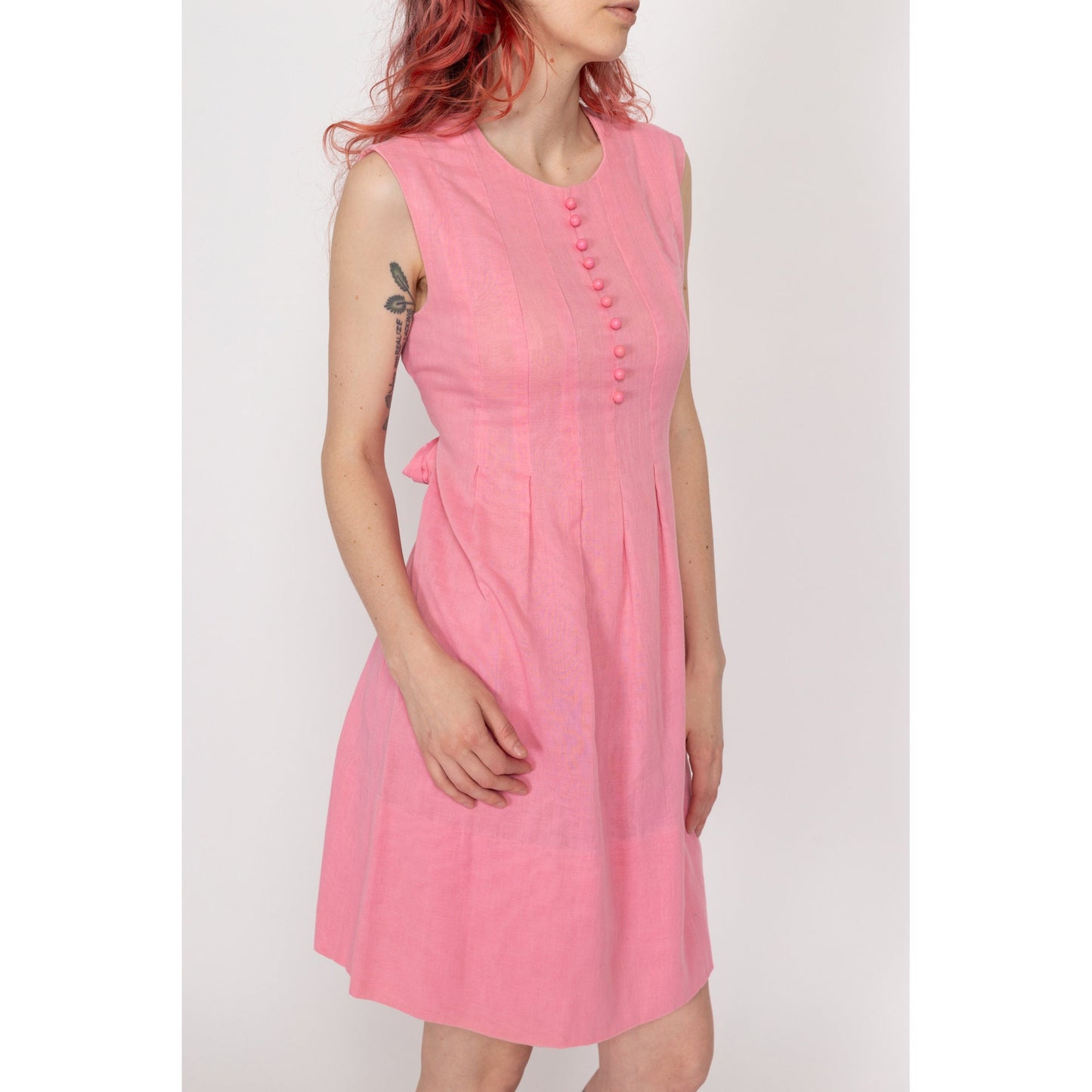 Small 60s Pink Babydoll Mini Dress | Vintage Sleeveless A Line Tie Back Dress