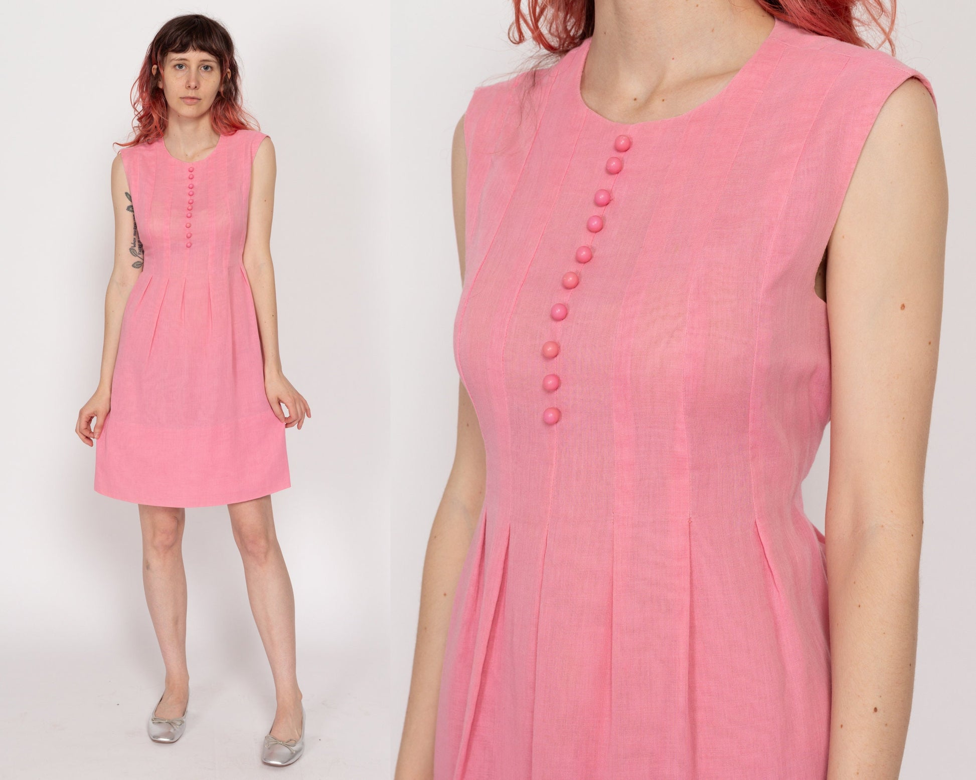 Small 60s Pink Babydoll Mini Dress | Vintage Sleeveless A Line Tie Back Dress