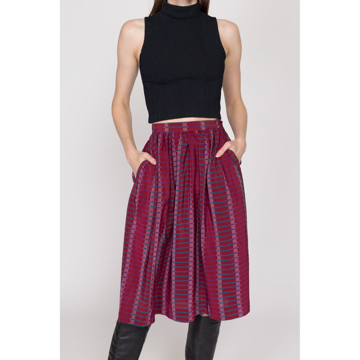 XS 80s Purple Pleated Midi Pocket Skirt 24" | Vintage Evelyn De Jonge High Waisted Flowy Secretary Skirt