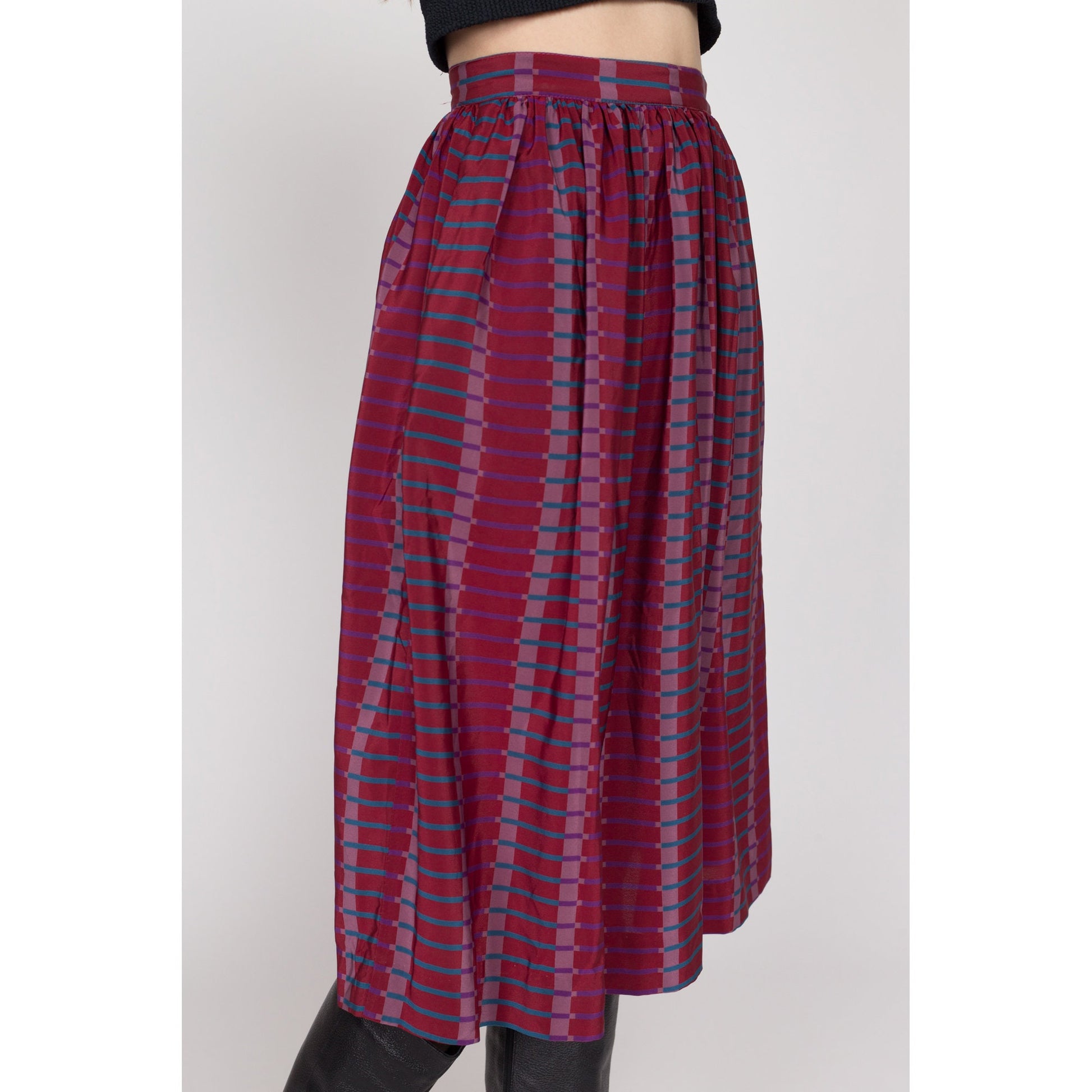 XS 80s Purple Pleated Midi Pocket Skirt 24" | Vintage Evelyn De Jonge High Waisted Flowy Secretary Skirt