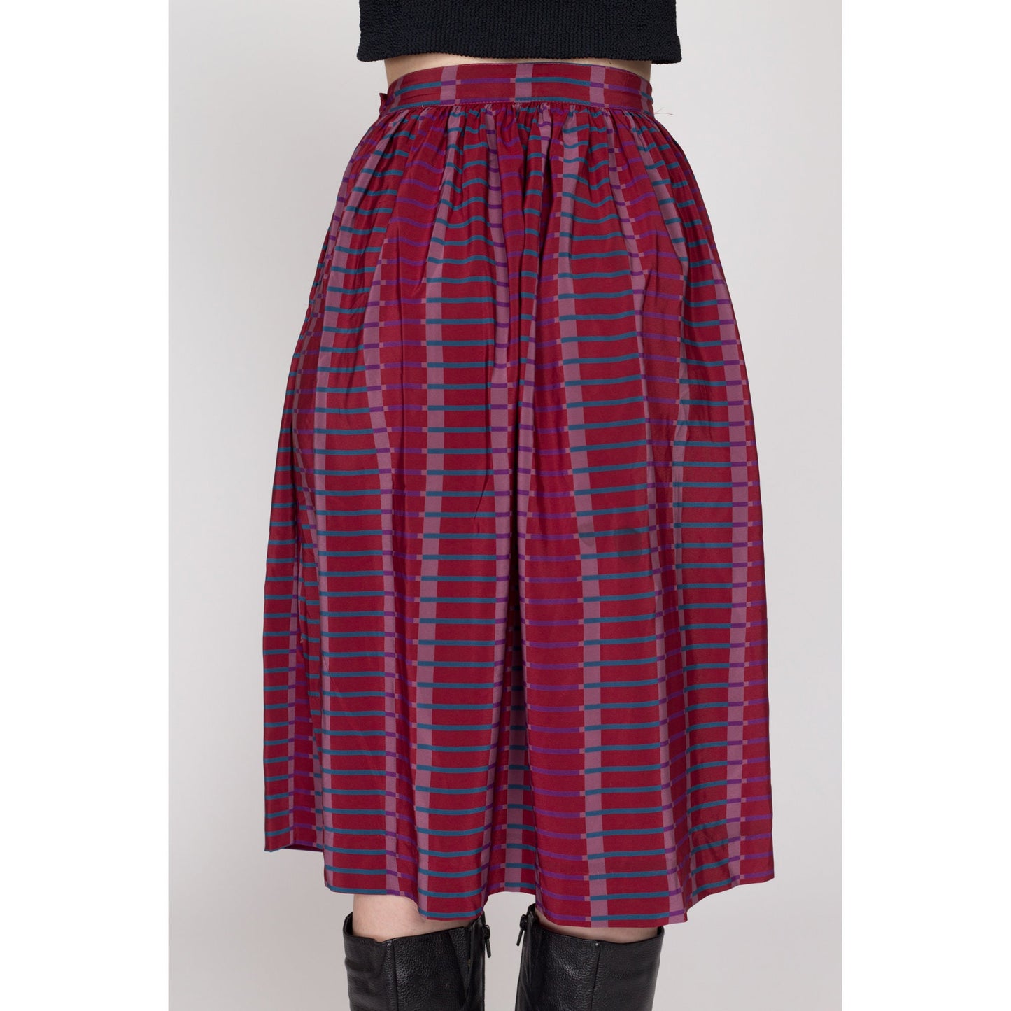 XS 80s Purple Pleated Midi Pocket Skirt 24" | Vintage Evelyn De Jonge High Waisted Flowy Secretary Skirt