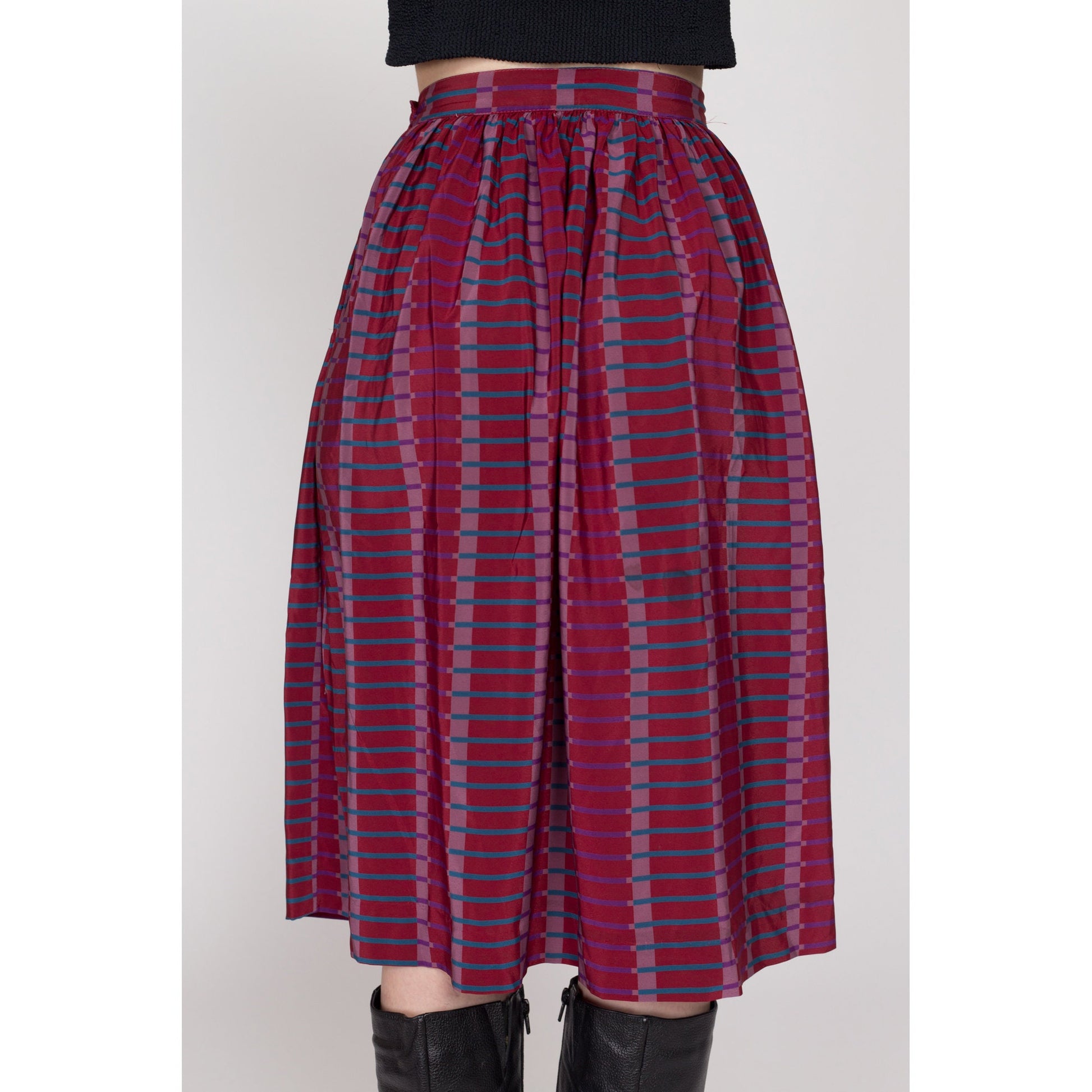 XS 80s Purple Pleated Midi Pocket Skirt 24" | Vintage Evelyn De Jonge High Waisted Flowy Secretary Skirt