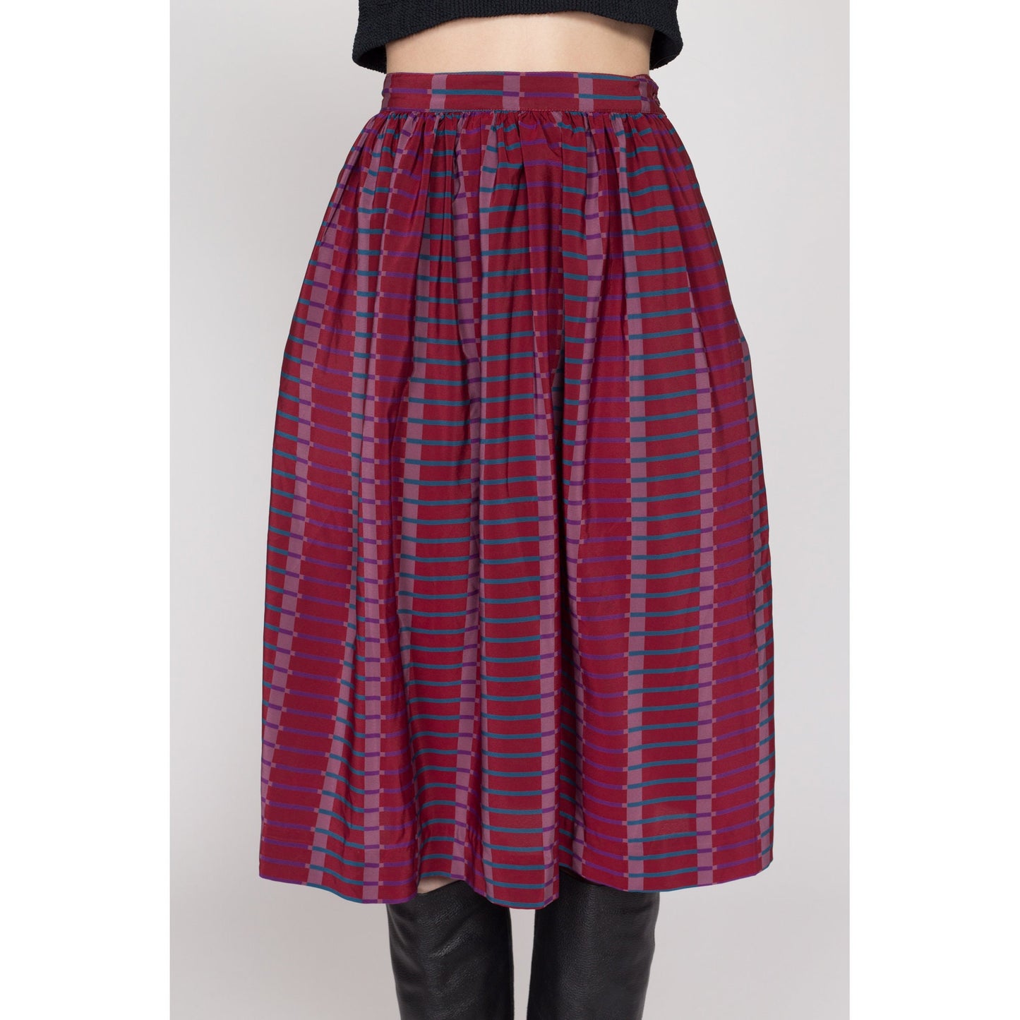 XS 80s Purple Pleated Midi Pocket Skirt 24" | Vintage Evelyn De Jonge High Waisted Flowy Secretary Skirt