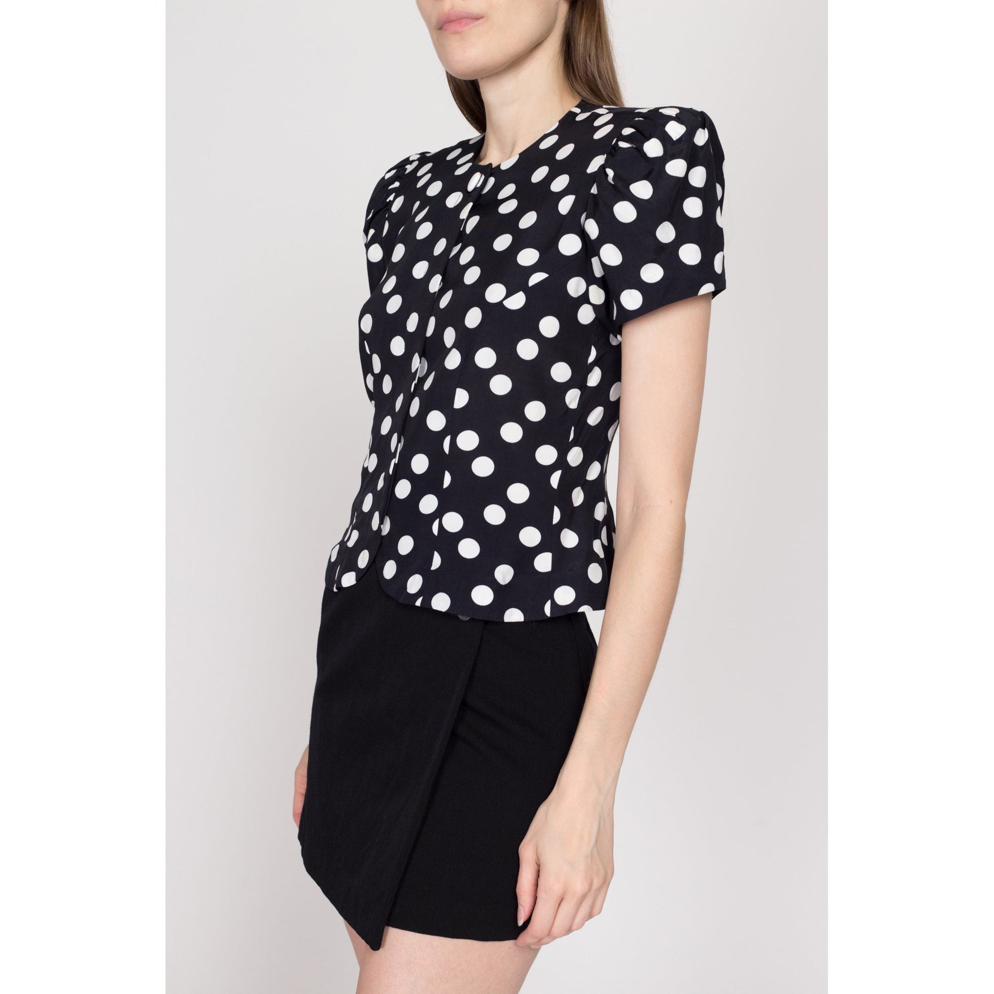 XS 80s Black & White Polka Dot Puff Sleeve Blouse | Vintage Maggy London Button Up Secretary Top