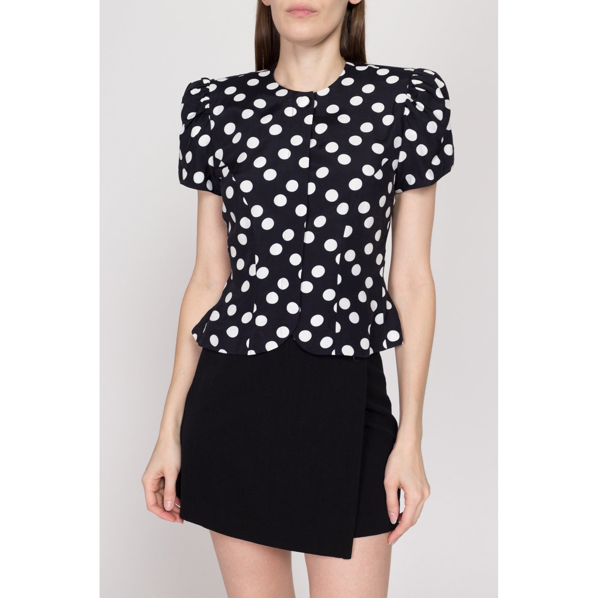 XS 80s Black & White Polka Dot Puff Sleeve Blouse | Vintage Maggy London Button Up Secretary Top