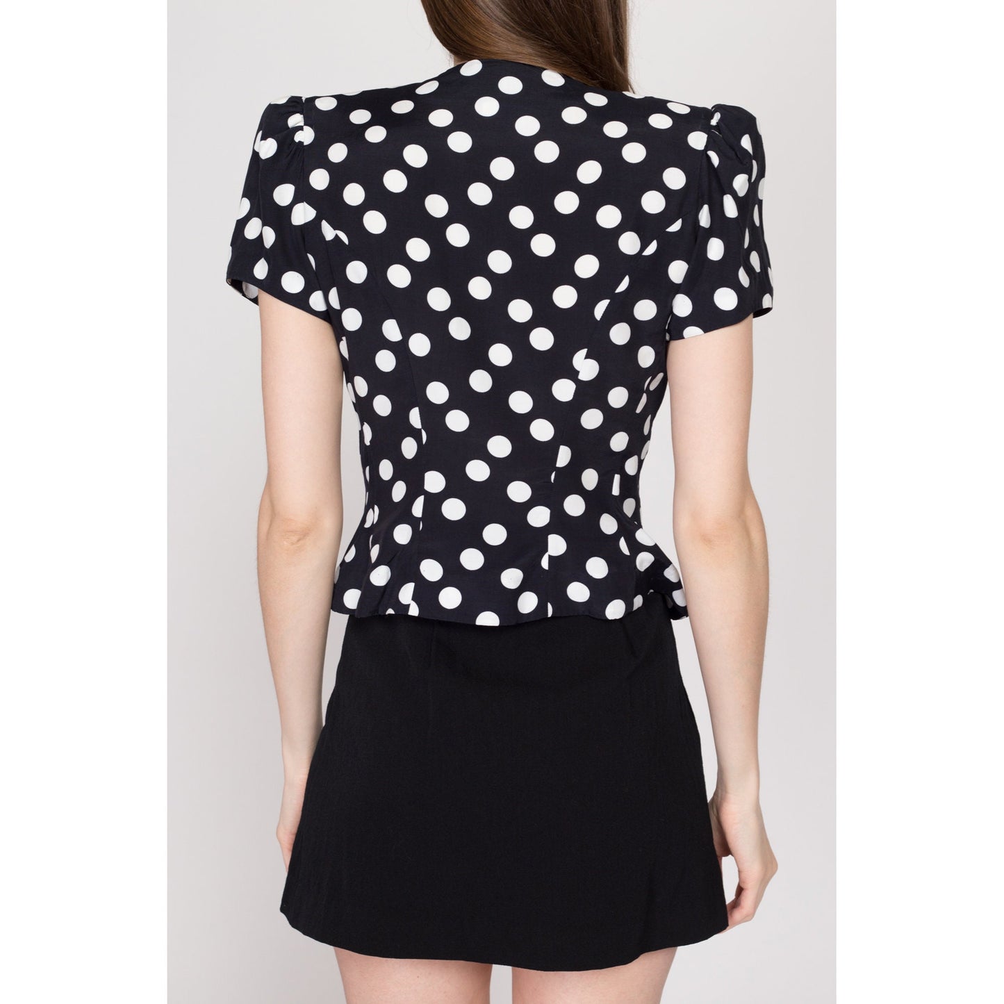 XS 80s Black & White Polka Dot Puff Sleeve Blouse | Vintage Maggy London Button Up Secretary Top