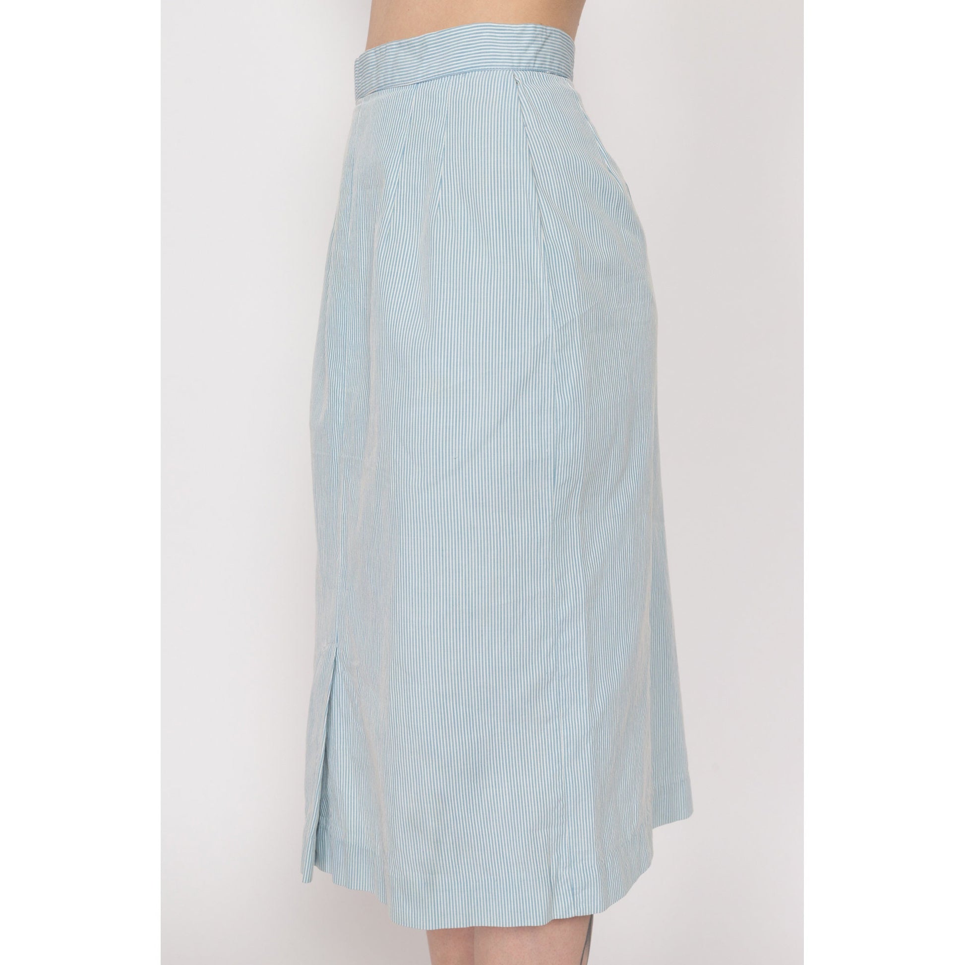 Petite XS 60s Blue & White Pinstriped Seersucker Skirt Set, As Is | Vintage Blazer Midi Skirt Matching Two Piece Suit Outfit