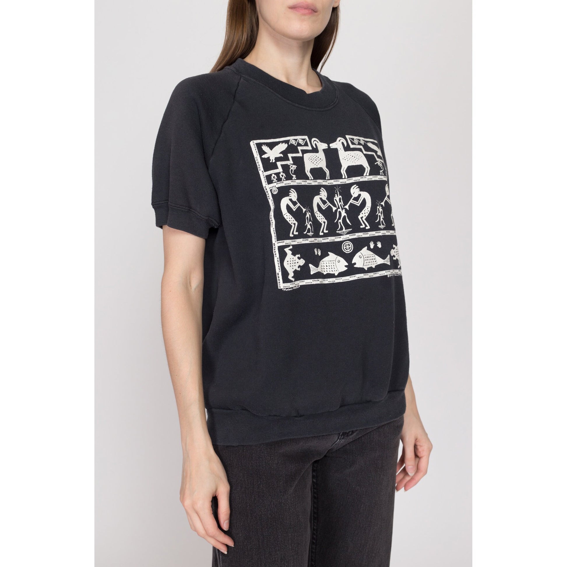 XL 90s Kokopelli Black Short Sleeve Sweatshirt | Vintage Art Print Raglan Crewneck