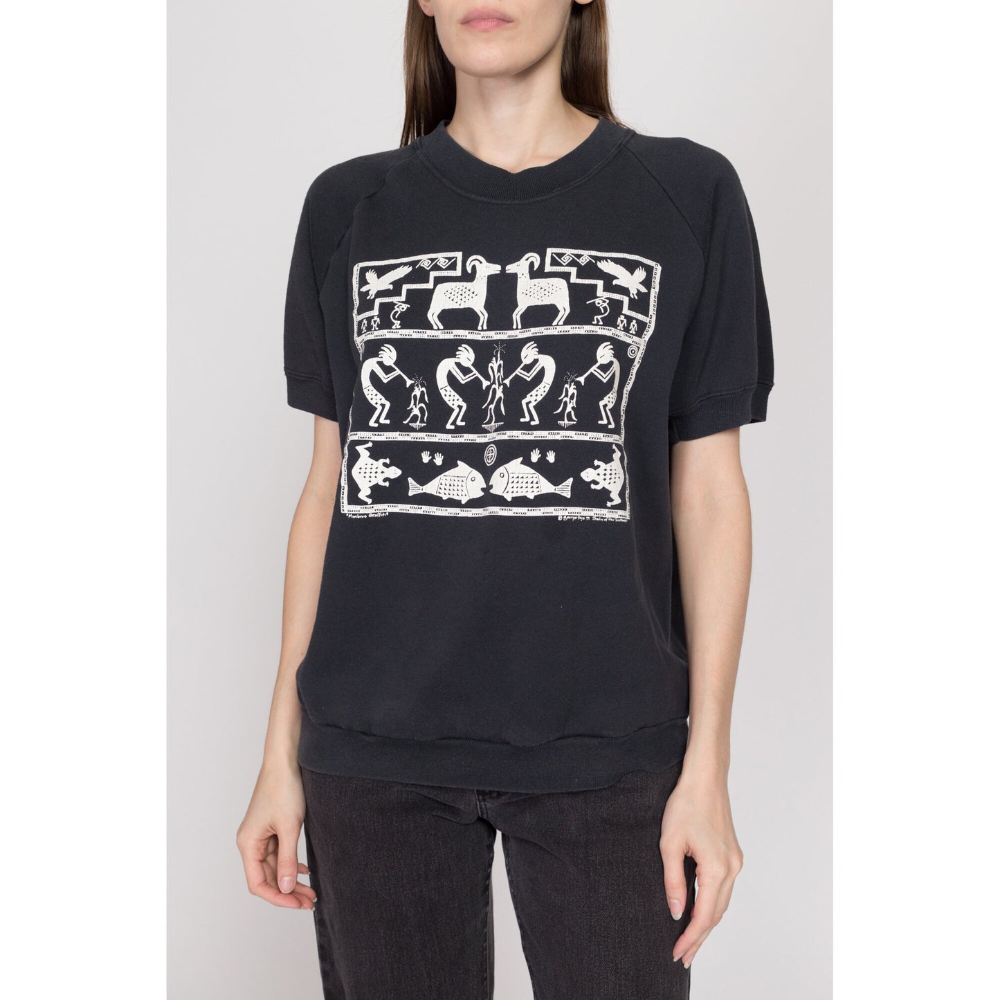XL 90s Kokopelli Black Short Sleeve Sweatshirt | Vintage Art Print Raglan Crewneck