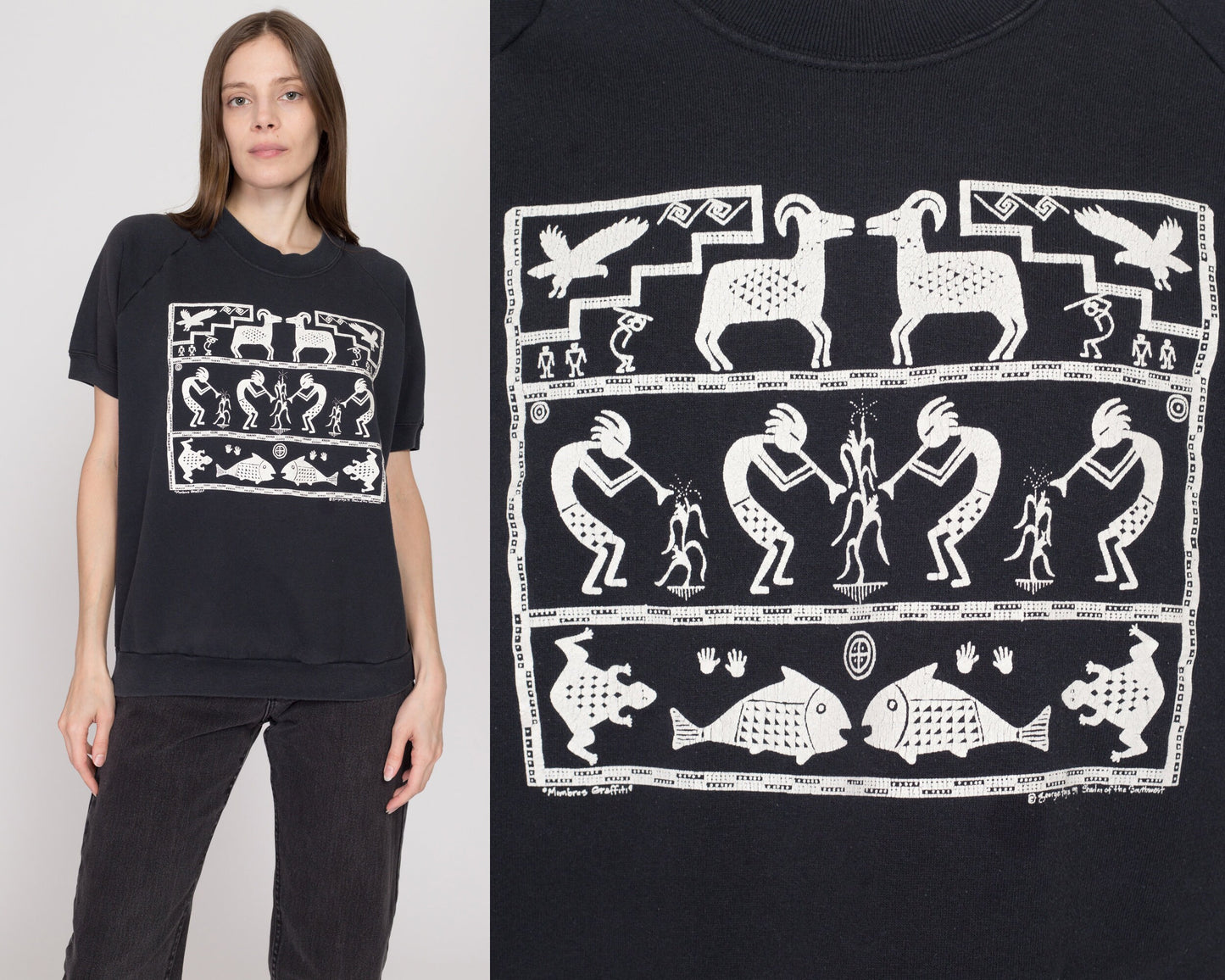 XL 90s Kokopelli Black Short Sleeve Sweatshirt | Vintage Art Print Raglan Crewneck
