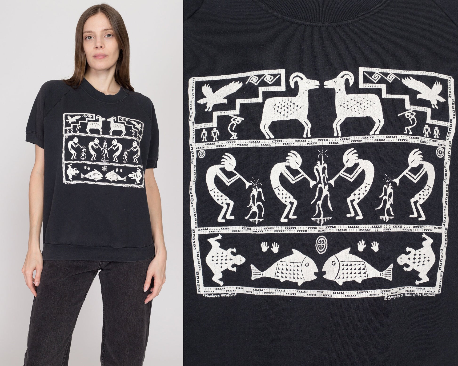 XL 90s Kokopelli Black Short Sleeve Sweatshirt | Vintage Art Print Raglan Crewneck