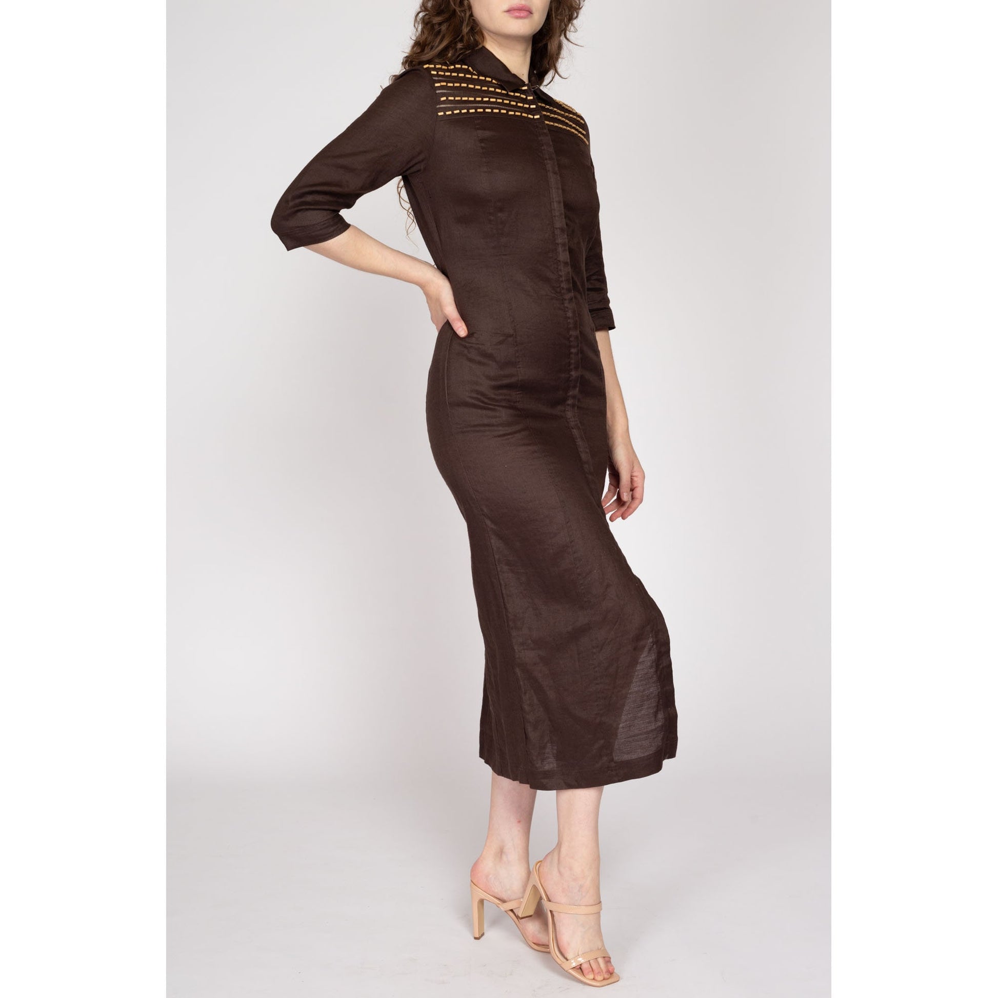 Small 90s Chocolate Brown Linen Beaded Zip Front Shirtdress Small 90s Chocolate Brown Linen Beaded Zip Front Shirtdress