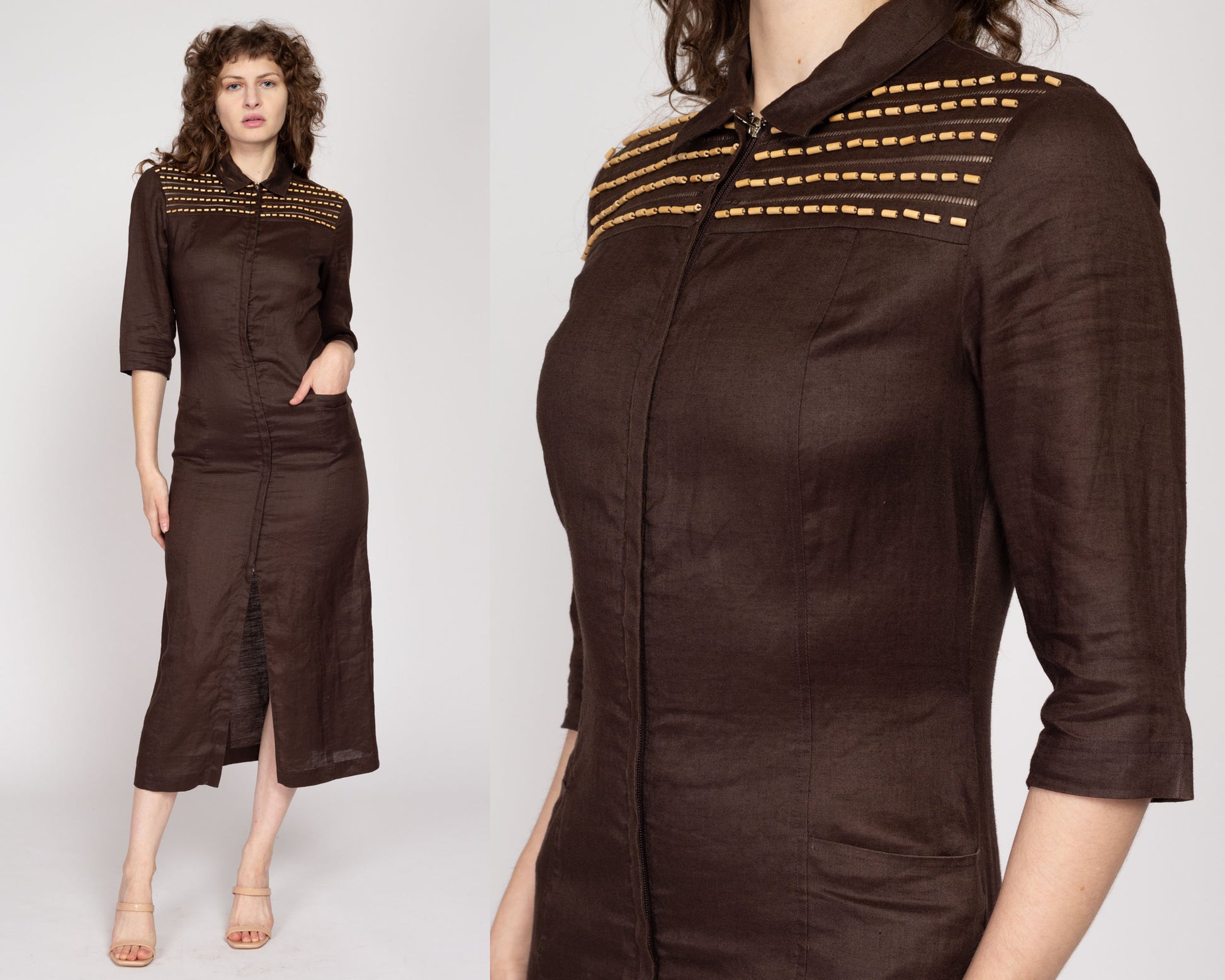 Small 90s Chocolate Brown Linen Beaded Zip Front Shirtdress Small 90s Chocolate Brown Linen Beaded Zip Front Shirtdress