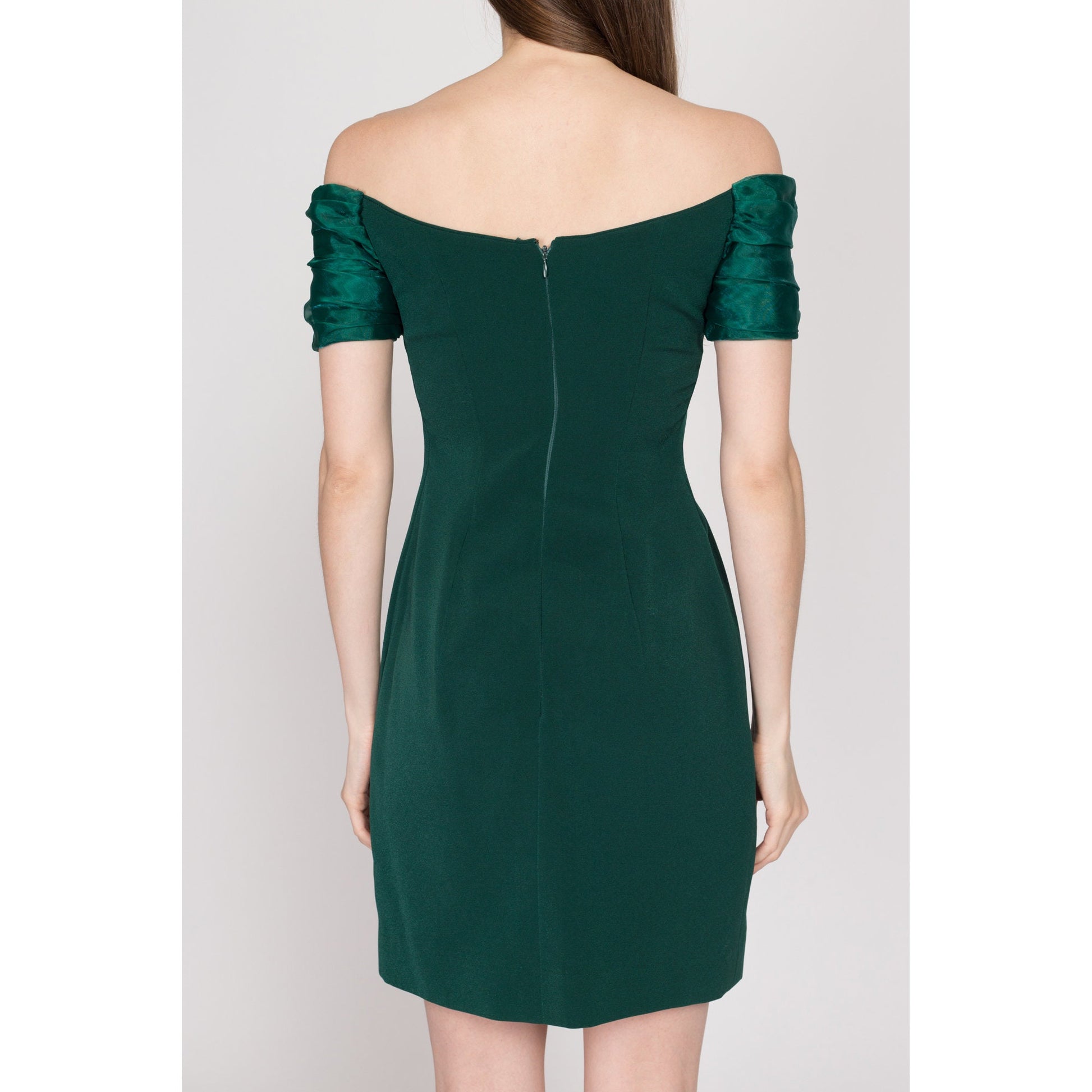 XS 90s Emerald Green Off-Shoulder Party Dress | Vintage Janell Berté Formal Mini Cocktail Dress