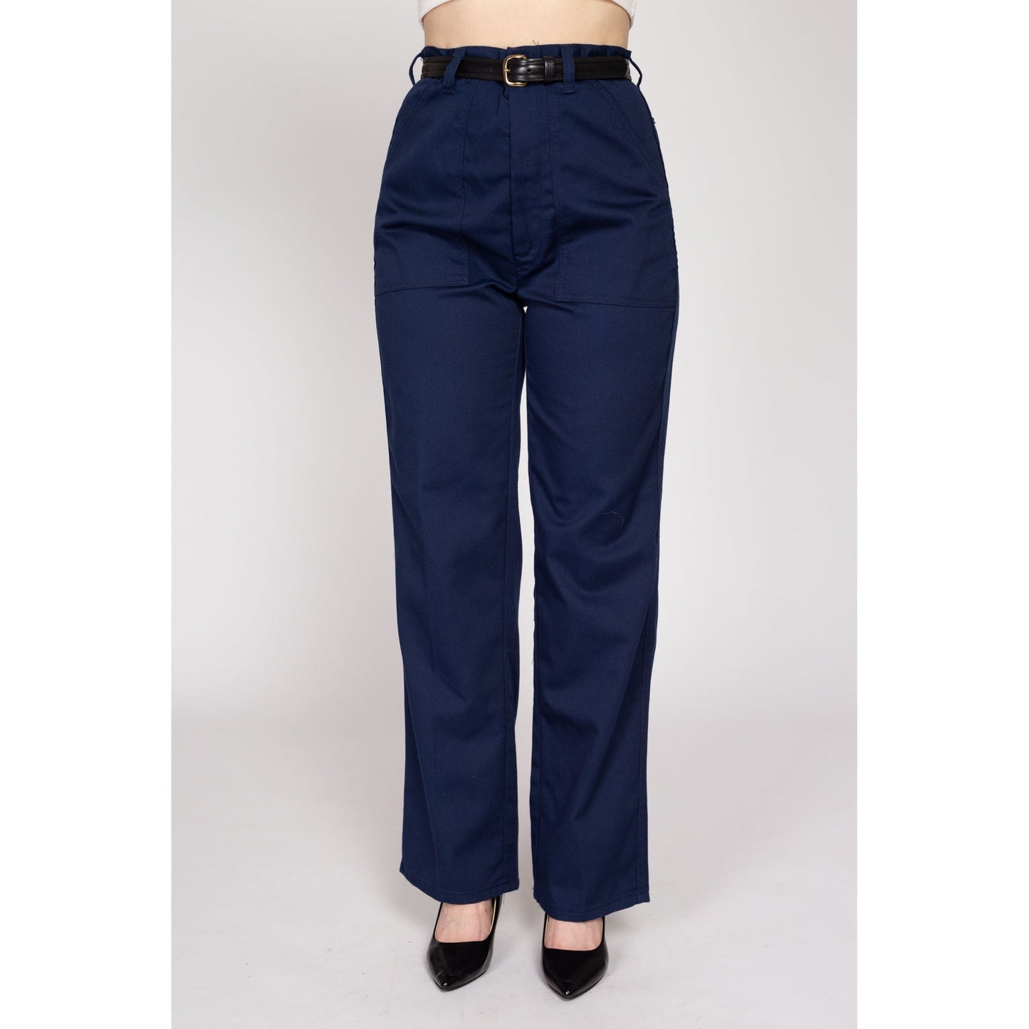 Medium 70s Navy Blue Straight Leg Pants 29" | Vintage High Waisted Cargo Pocket Trousers