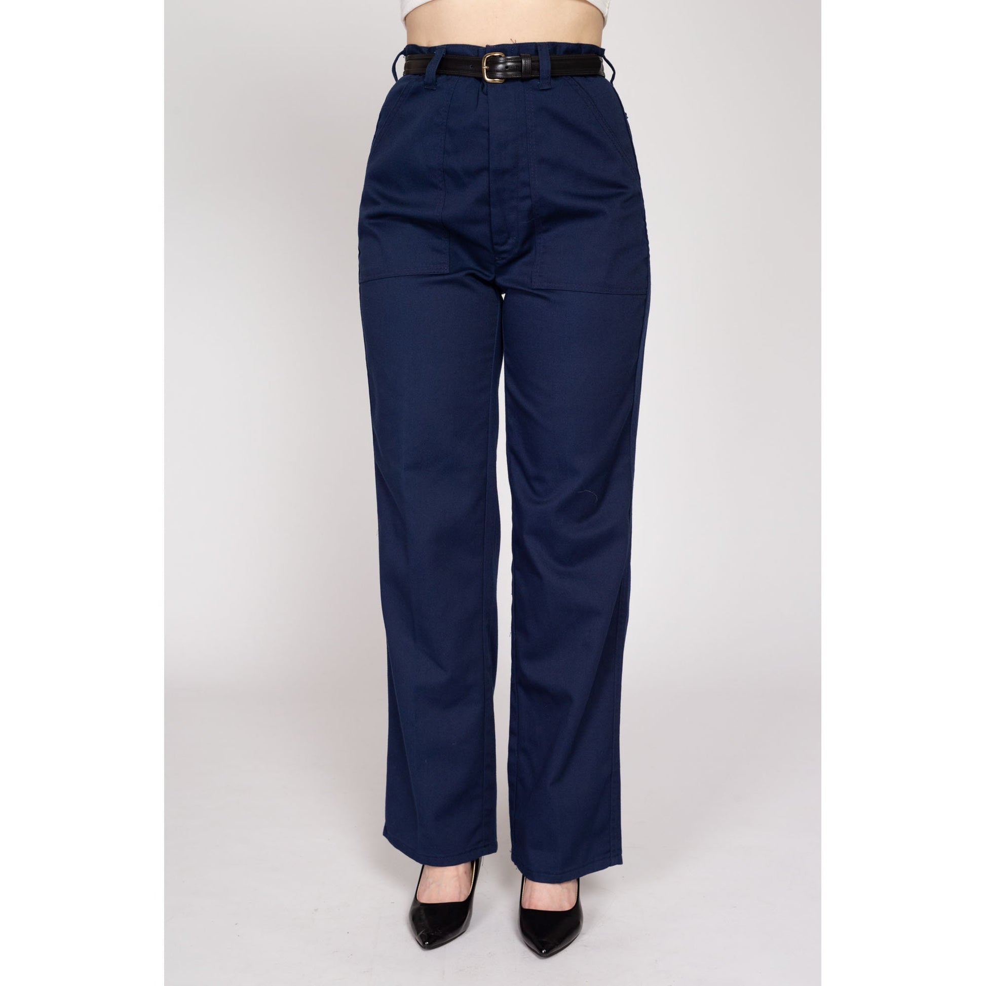 Medium 70s Navy Blue Straight Leg Pants 29" | Vintage High Waisted Cargo Pocket Trousers
