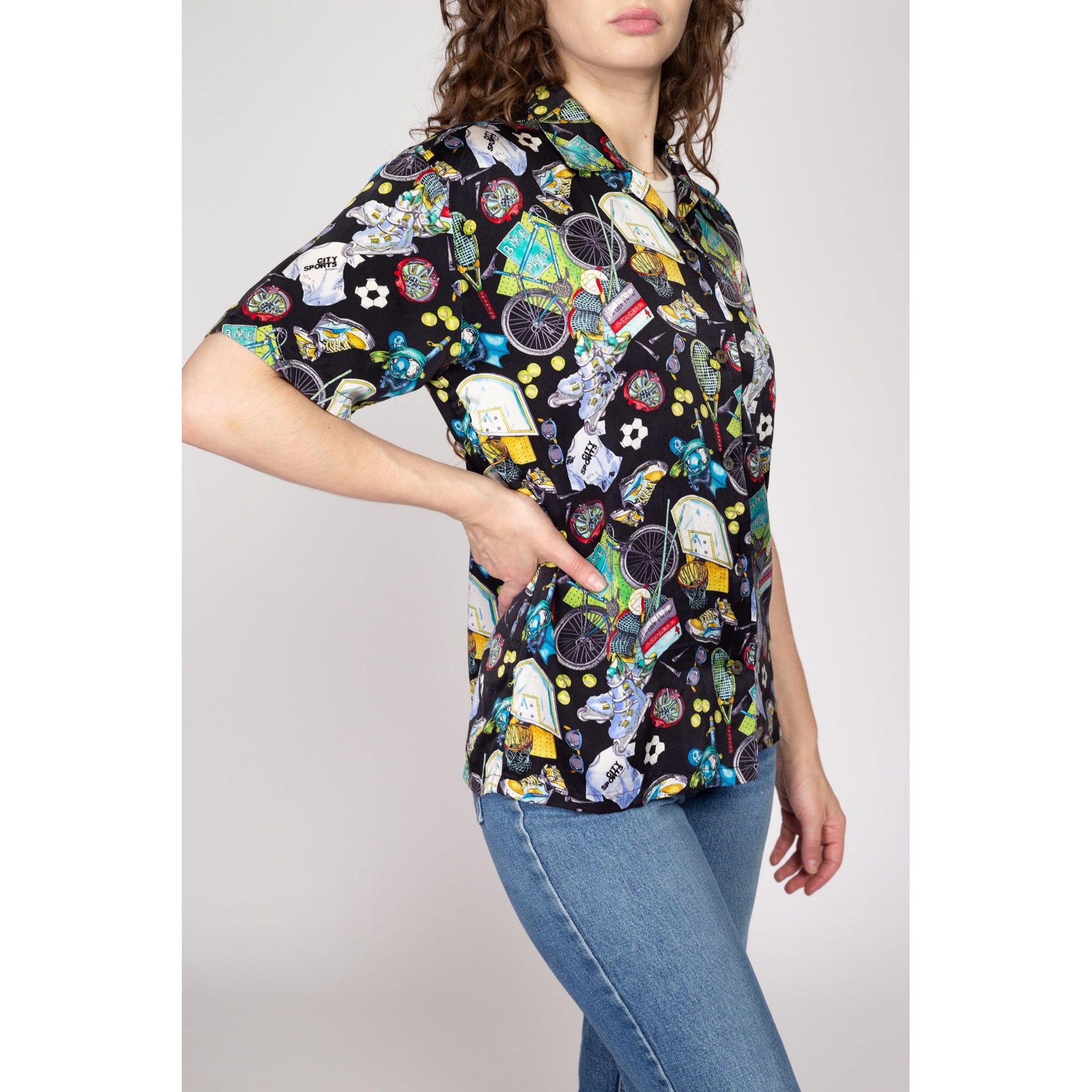 Medium 90s Nicole Miller Sport Novelty Print Silk Shirt | Vintage Limited Edition All Over Pattern Black Button Up Collared Top