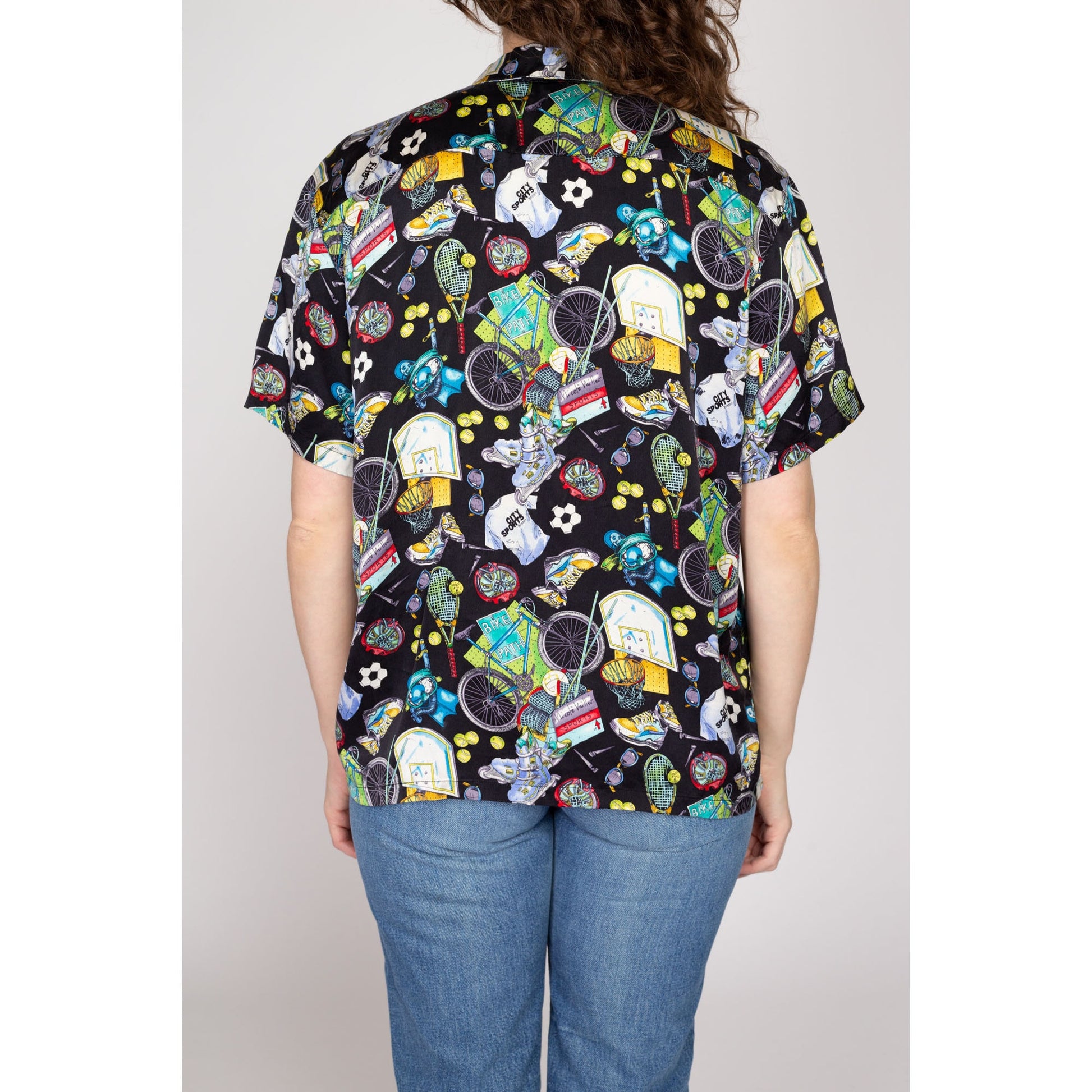 Medium 90s Nicole Miller Sport Novelty Print Silk Shirt | Vintage Limited Edition All Over Pattern Black Button Up Collared Top