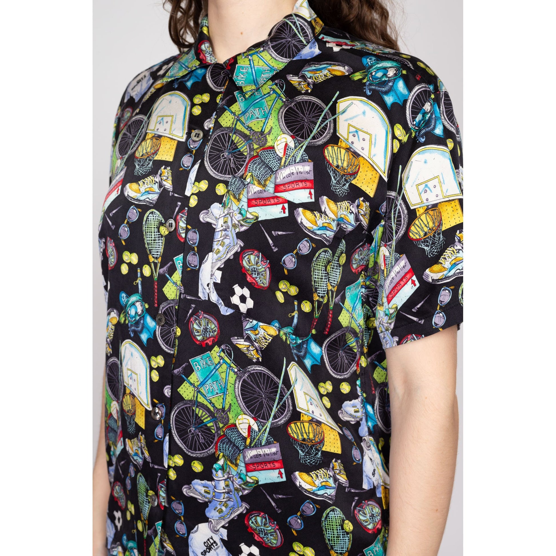 Medium 90s Nicole Miller Sport Novelty Print Silk Shirt | Vintage Limited Edition All Over Pattern Black Button Up Collared Top
