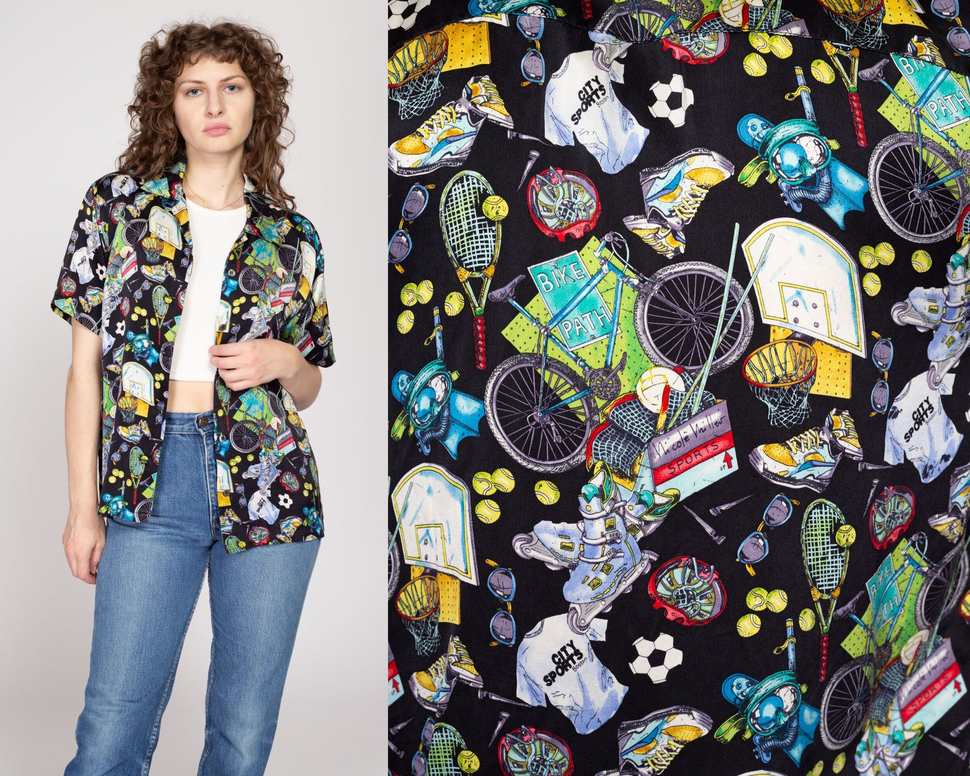 Medium 90s Nicole Miller Sport Novelty Print Silk Shirt | Vintage Limited Edition All Over Pattern Black Button Up Collared Top