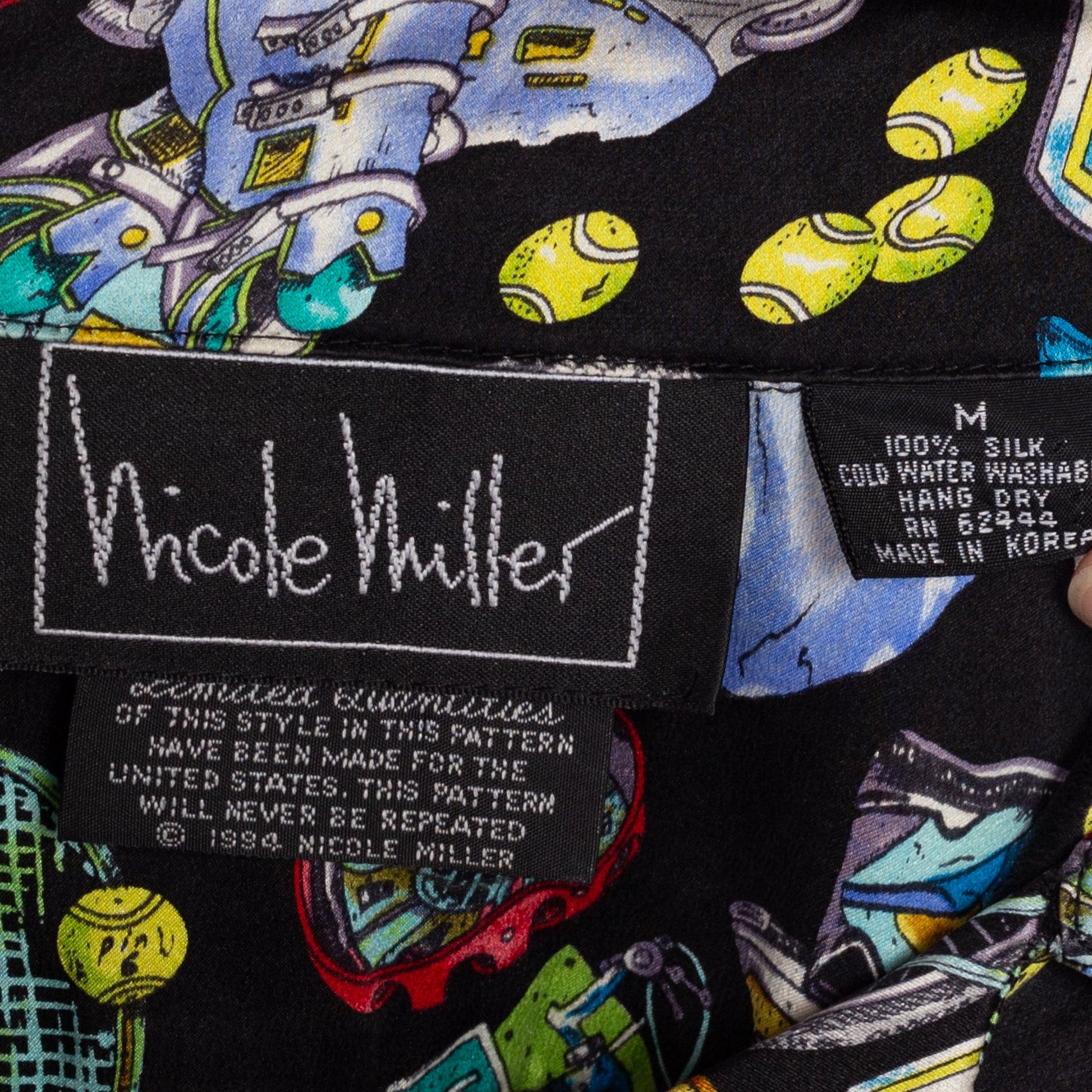 Medium 90s Nicole Miller Sport Novelty Print Silk Shirt | Vintage Limited Edition All Over Pattern Black Button Up Collared Top