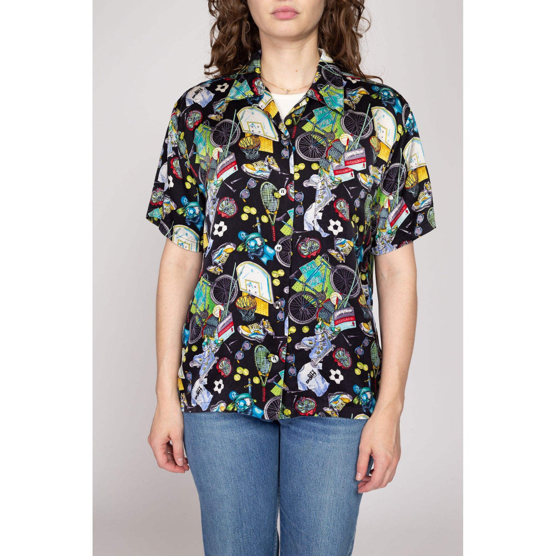 Medium 90s Nicole Miller Sport Novelty Print Silk Shirt | Vintage Limited Edition All Over Pattern Black Button Up Collared Top