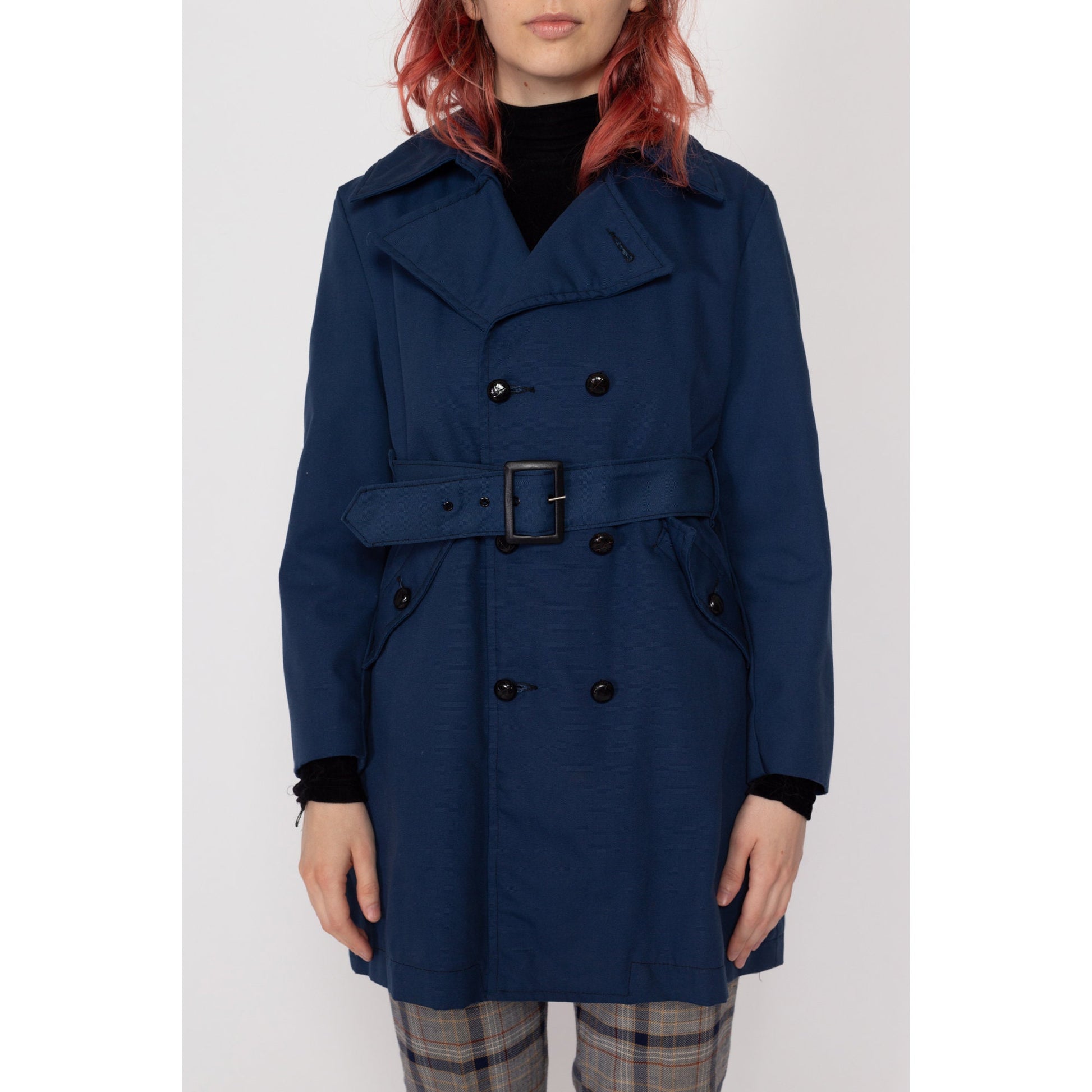 Petite XS 70s Mod Navy Blue Belted Jacket | Vintage Retro Double Breasted Short Trench