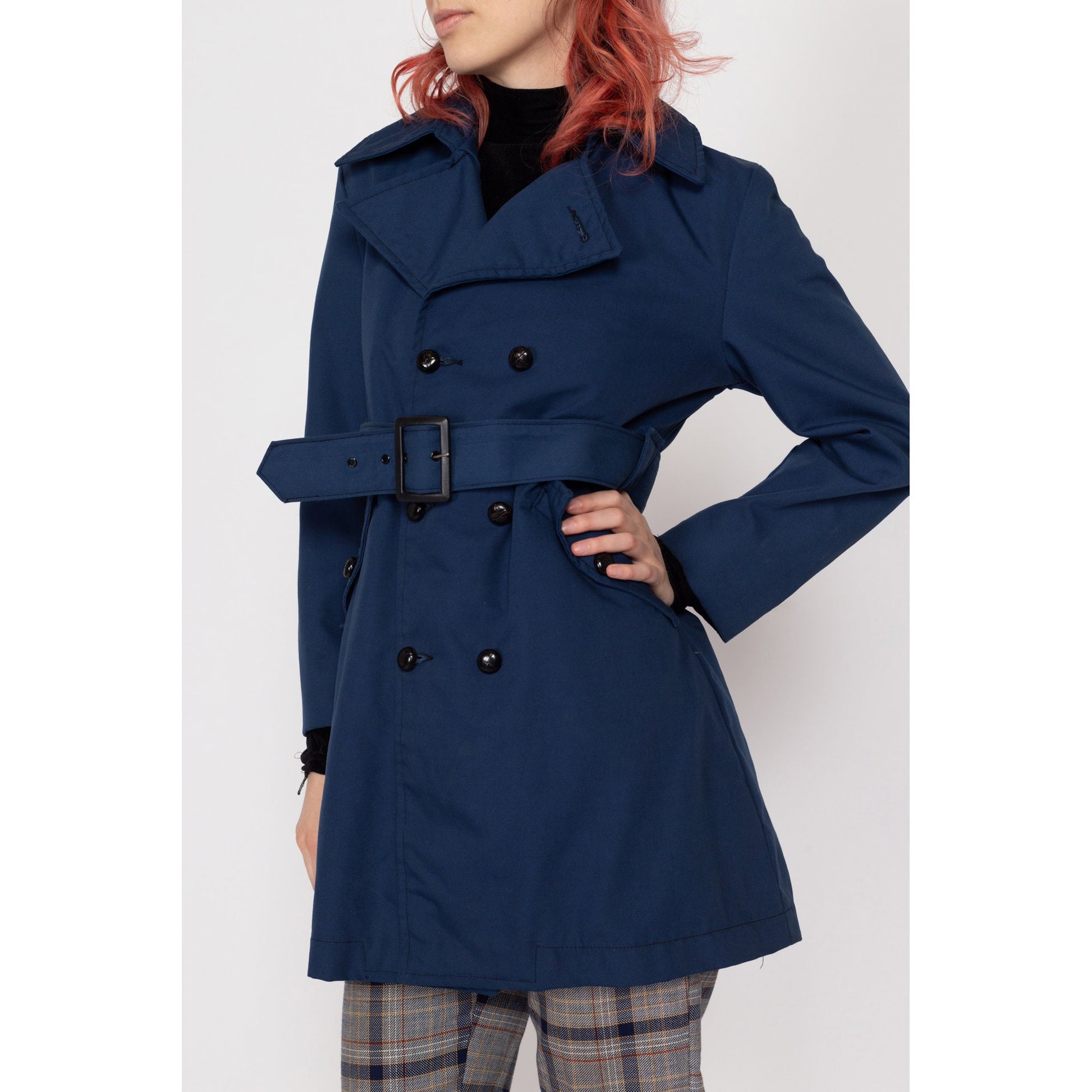 Petite XS 70s Mod Navy Blue Belted Jacket | Vintage Retro Double Breasted Short Trench