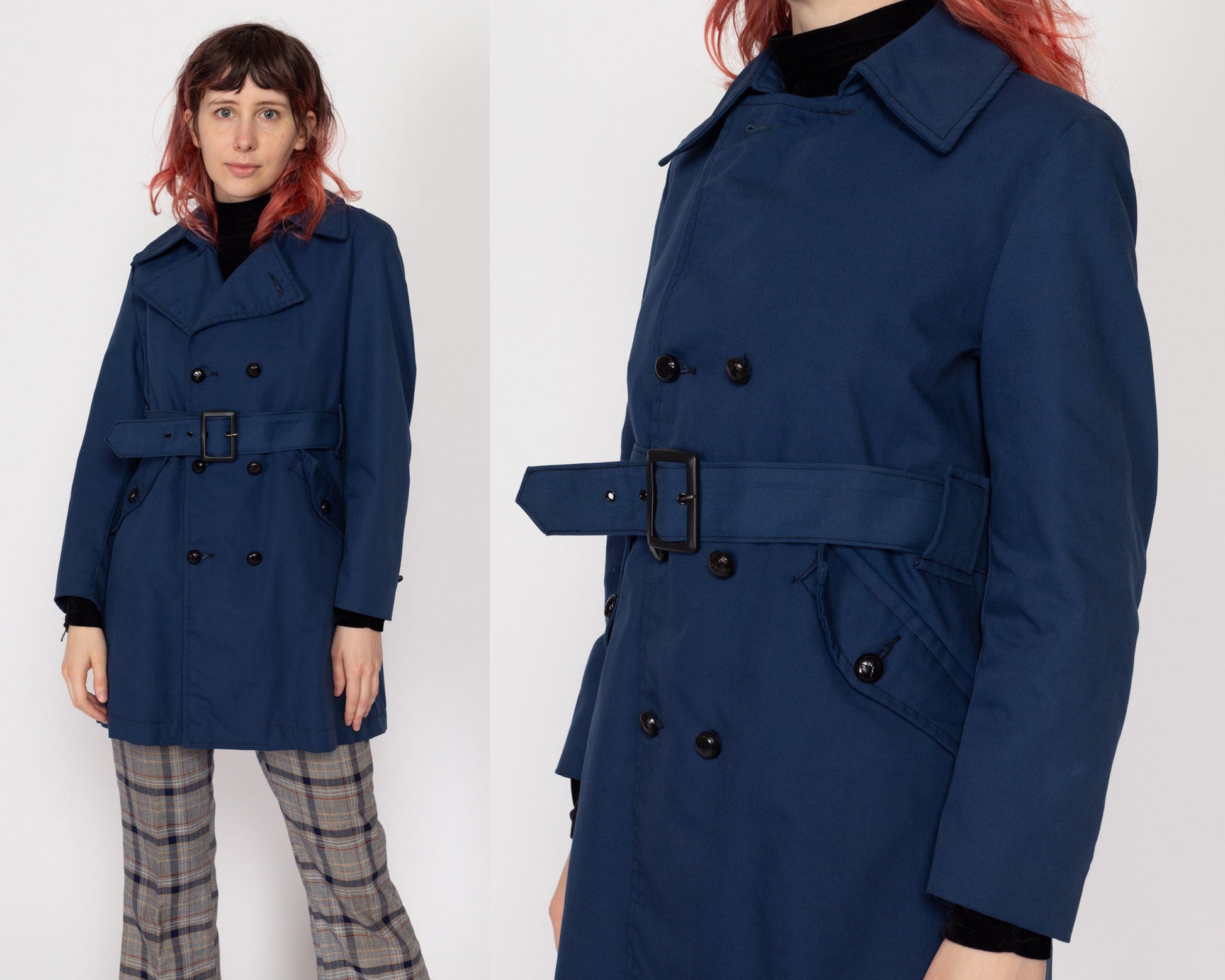 Petite XS 70s Mod Navy Blue Belted Jacket | Vintage Retro Double Breasted Short Trench