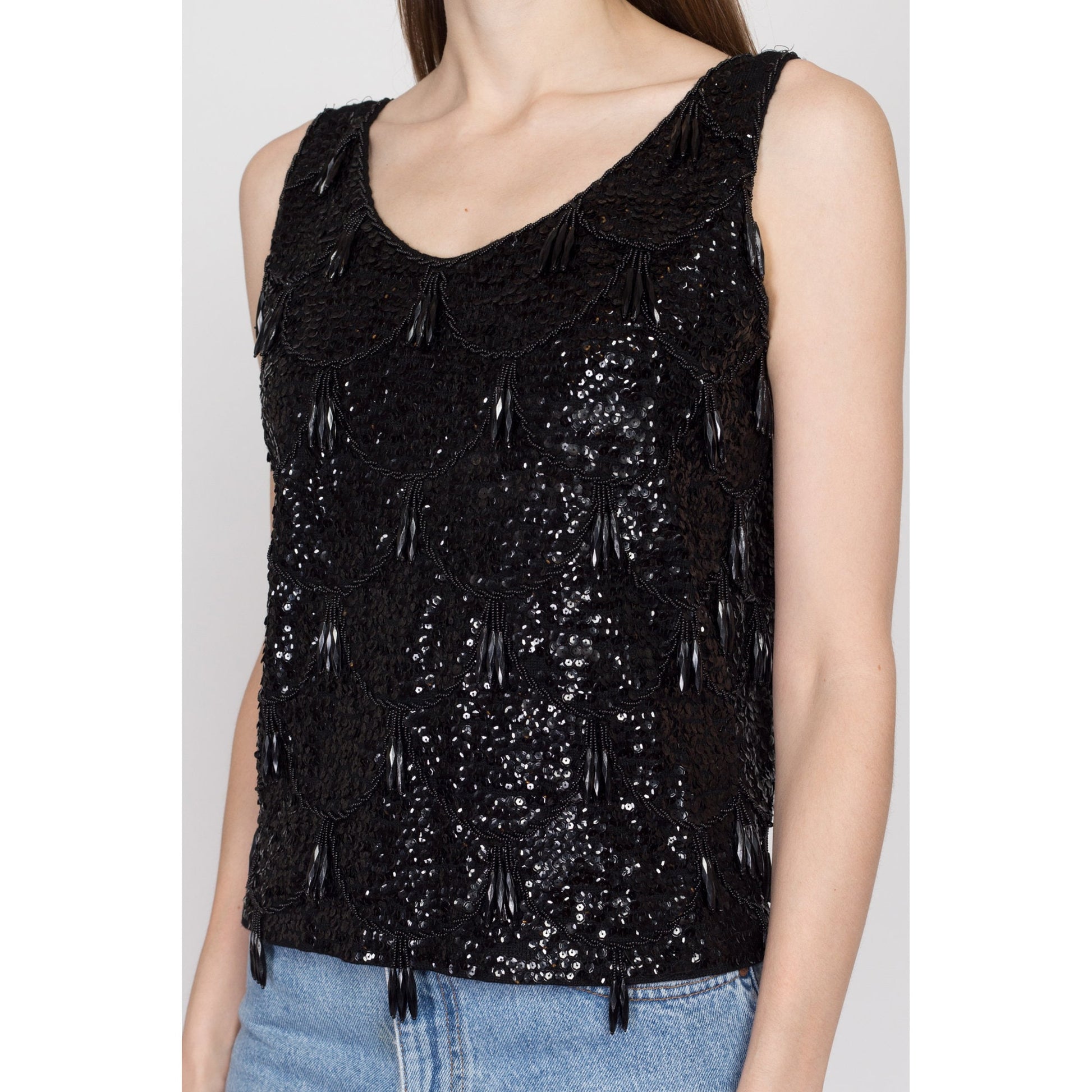 Sm-Med 1950s Black Beaded Tassel Top | Retro Vintage 50s 60s Glam Sequin Sleeveless Tank
