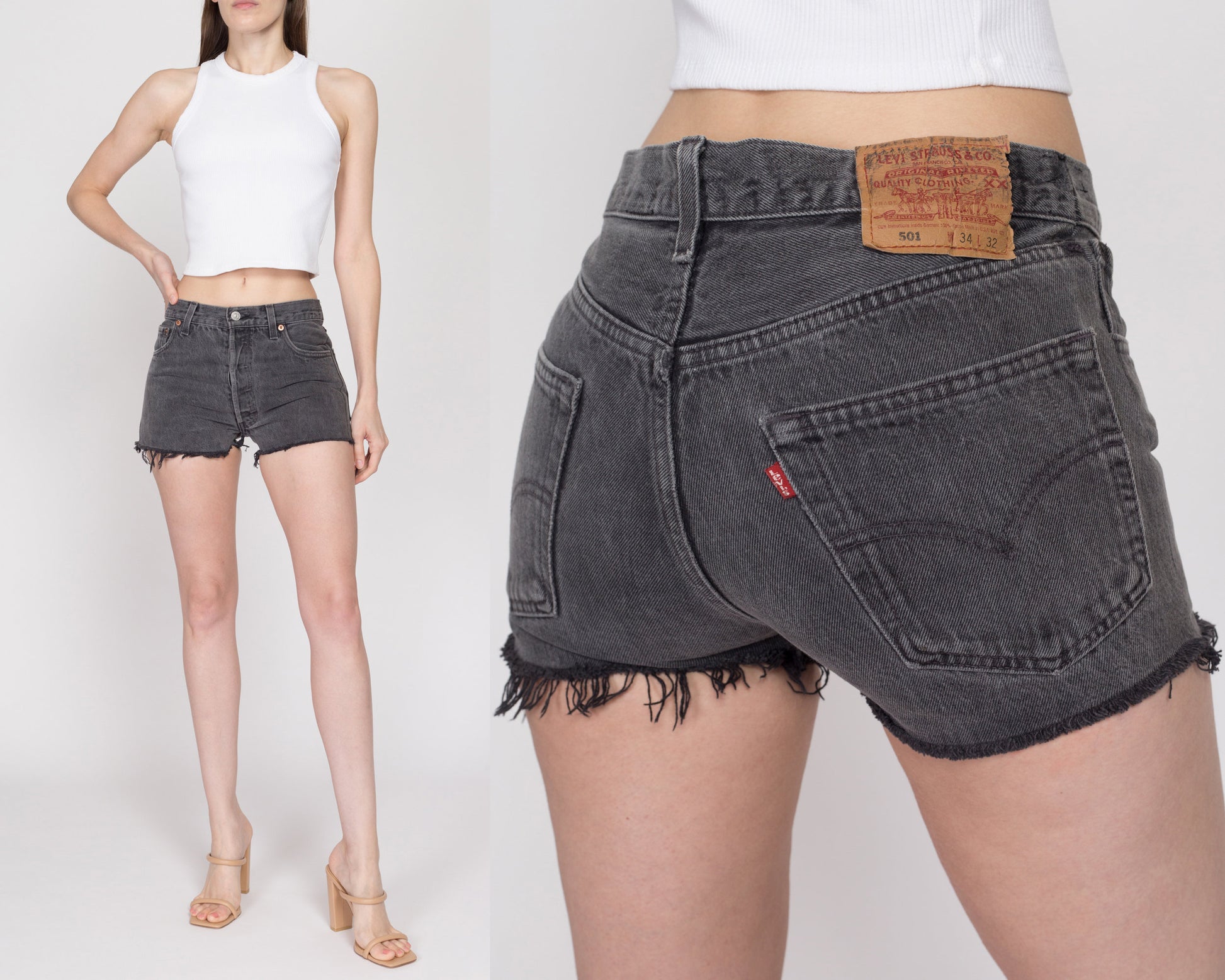 Small 90s Levis 501 Black Cut Off Jean Shorts 29" | Vintage Levi's Faded Denim High Waist Cutoffs