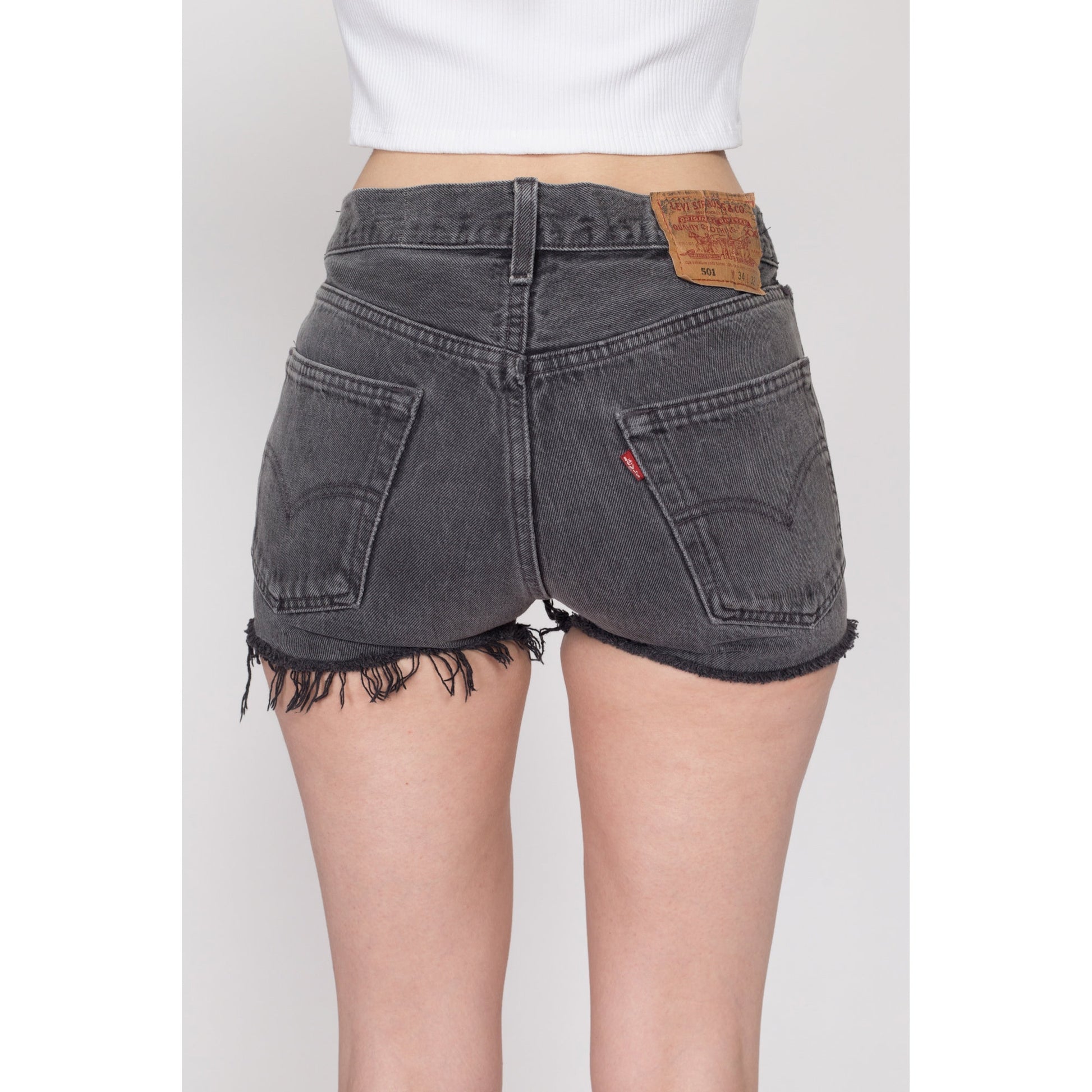 Small 90s Levis 501 Black Cut Off Jean Shorts 29" | Vintage Levi's Faded Denim High Waist Cutoffs