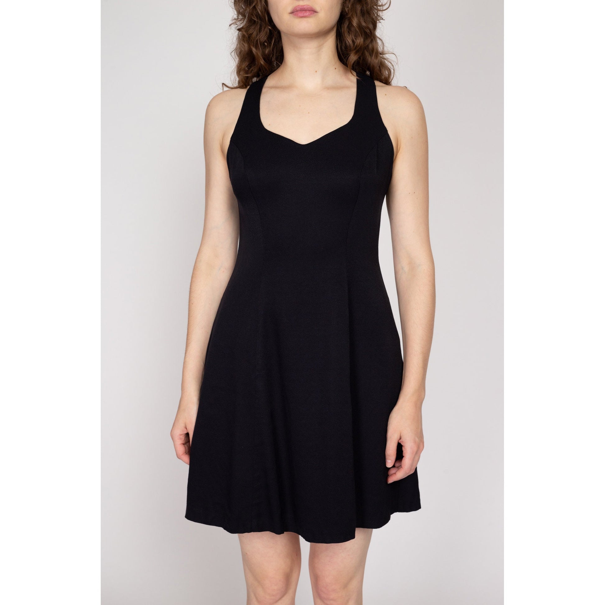 Small 90s Black Strappy Cross Back Mini Dress | Vintage Fit Flare Party Dress