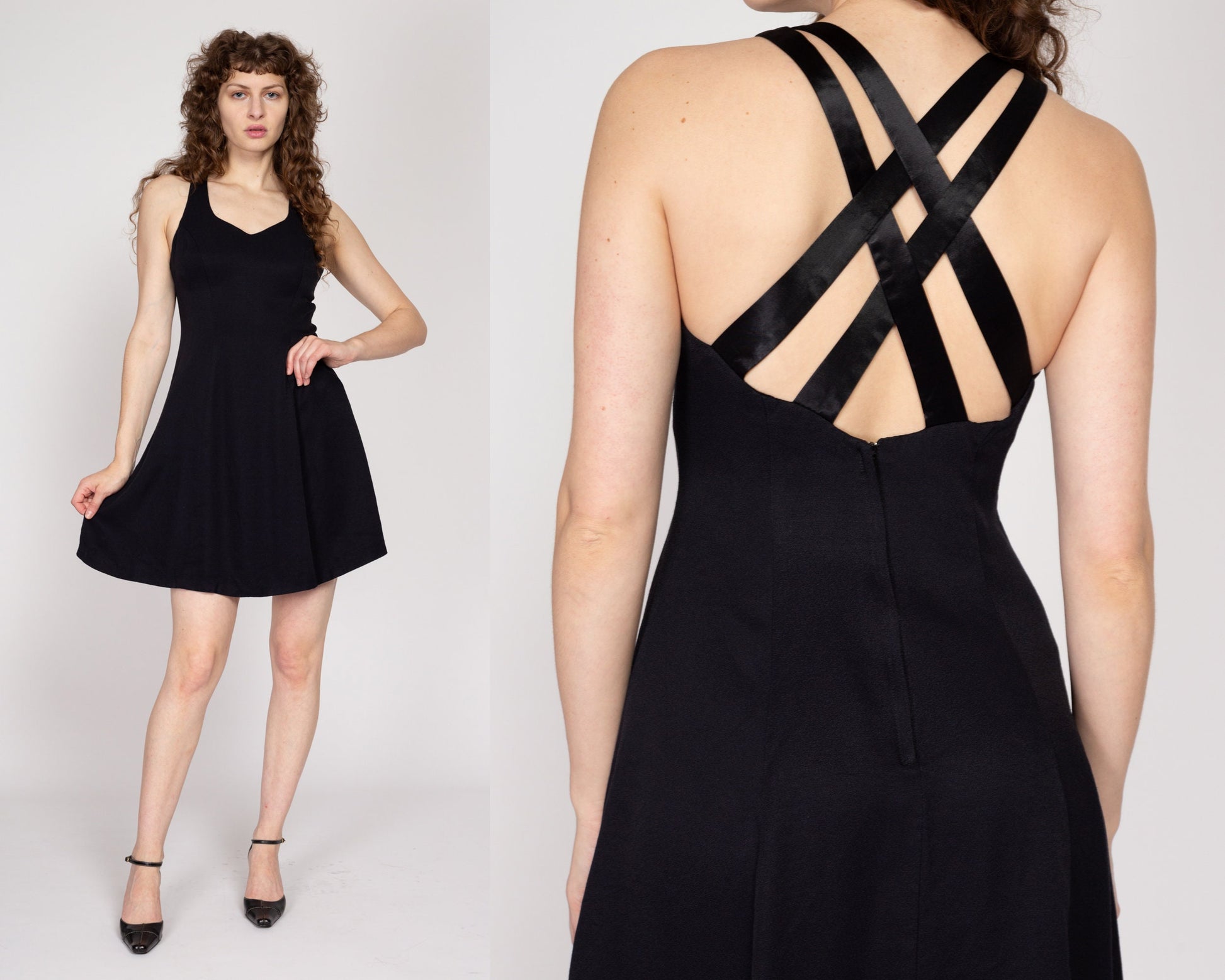 Small 90s Black Strappy Cross Back Mini Dress | Vintage Fit Flare Party Dress