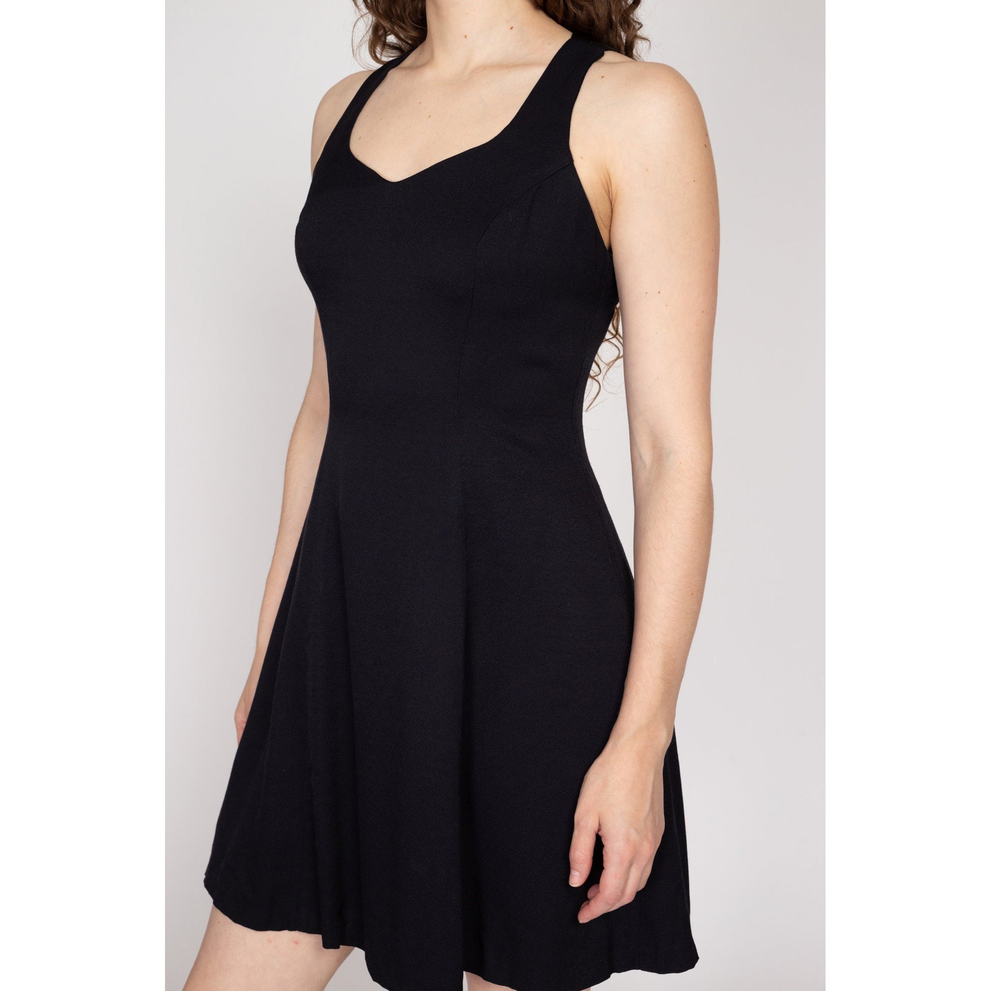 Small 90s Black Strappy Cross Back Mini Dress | Vintage Fit Flare Party Dress